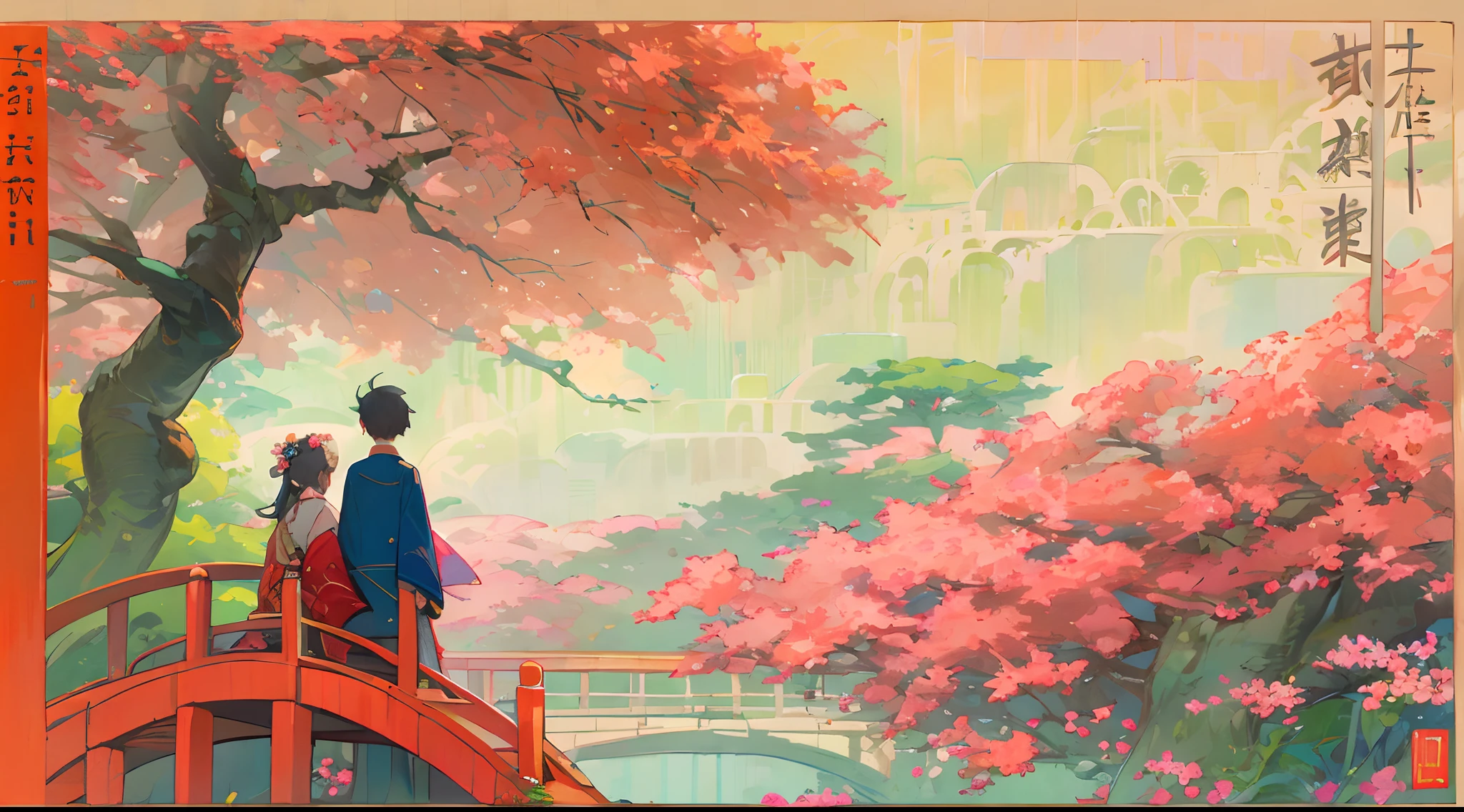 tmasterpiece,best qualityer,high-definition picture quality,超高分辨率,Poster promotion,Tanabata Festival event,A couple standing on a flower bridge,There is a big tree next to it,Red cloth strips hung from the trees,Clear facial features,Romantic background,Faraway view,wide angles