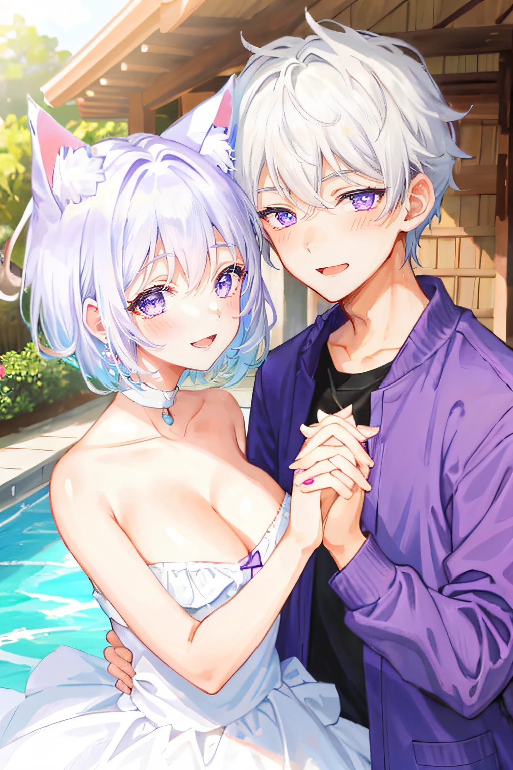 (1boy and 1girl), (cat ears:1.2), short hair, silver hair, white hair, purple eyes, masterpiece, pov, medium breast, absurdres, messy hair, cute smile, winking, blushing, nice hands, both boy and girl are , holding hands, (heart in the pupils:0.4), floating heart, heart earrings, white hair, full-face blush, looking at another, face-to-face,