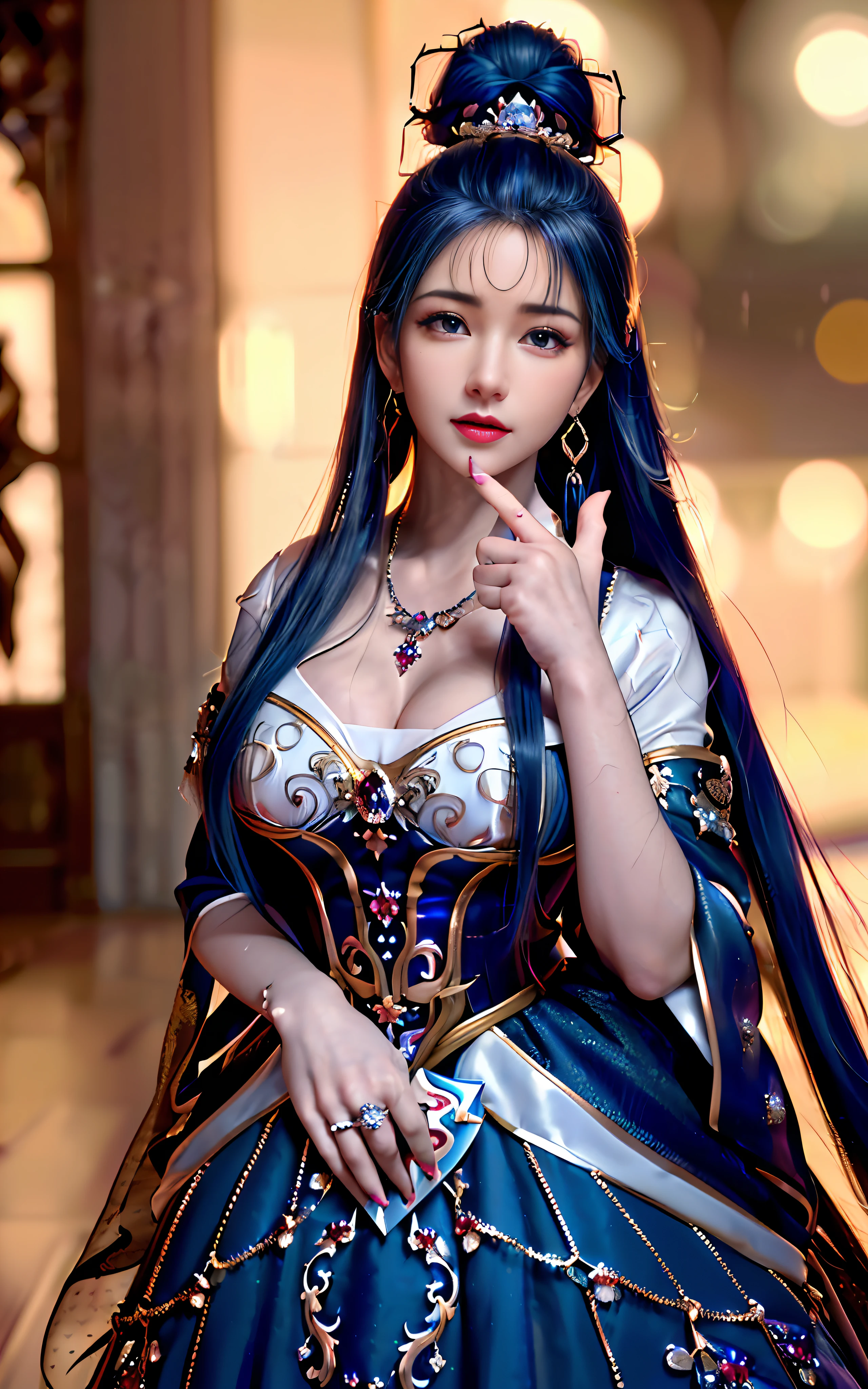 ((realisticity: 1.2)), ((realistic: 8K UHD)), ((best resolution: 8K UHD)), hyper detailed, best quality,masterpiece,highres,cg, ((1 girl hyper detailed and hyper realistic) ) , ((beautiful queen, hyper realistic and hyper detailed)),((white skin, beautiful, smooth, youthful, hyper realistic and hyper detailed )), ((Face hyper beautiful, white, hyper realistic and hyper detailed ) ), long hair, ((hyper realistic and hyper detailed dress)), solo, ((hyper realistic, hyper beautiful, beautiful and hyper detailed jewelry)), ((hyper beautiful deep red and golden yellow dress, hyper realistic and hyper detailed )) , ((Her pretty, hyper realistic, hyper detailed diamond filled earrings)), ((Her gorgeous diamond haircut, hyper realistic and hyper detailed)), ((hyper pretty upper body, hyper beautiful, hyper realistic and hyper detailed) ), ((medium breast: 1.1)), ((hyper realistic, hyper pretty, hyper detailed boobs)), ((the backgroun of the royal palace is hyper majestic, hyper realistic and hyper detailed)),((hands and palms hyper beautiful, hyper detailed, hyper realistic)), ((hyper detailed and hyper realistic fingers and fingernails)), ((hyper pretty fingernails, hyper vivid, hyper detailed, hyper realistic)), ((thumb, index finger, middle finger, ring finger, little finger hyper vivid, hyper pretty, hyper detailed, hyper realistic)),
((hyper beautiful fingers, hyper detailed, and hyper realistic)), ((posture not too fat and not too thin, hyper realistic, hyper detail)), ((hyper pretty, hyper pretty, hyper realistic and hyper detailed hair bun)), ((hyper pretty , hyper realistic and hyper detailed blue hair)), candid, Photo, high resolution, 8k , bokeh,