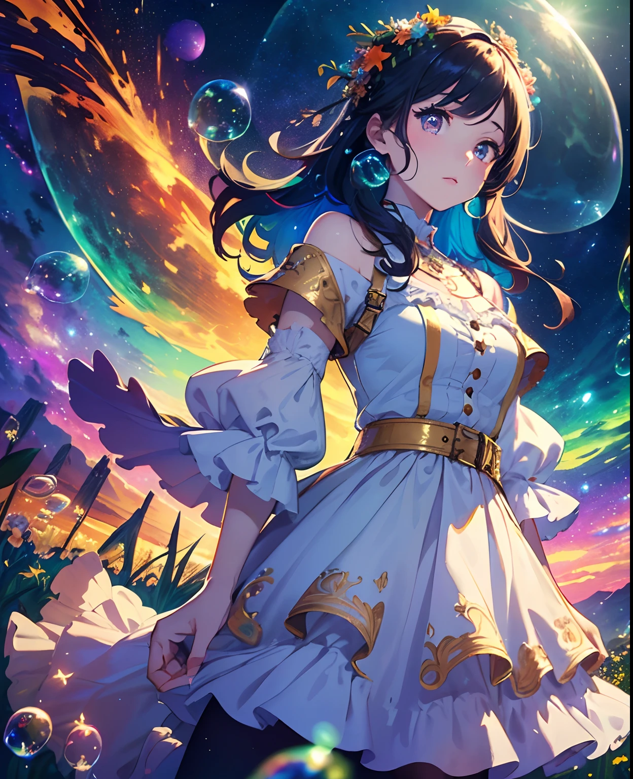 (Masterpiece), (Best Quality), (Official Art, Highly Detailed CG Unity 8k Wallpaper), (Very Detailed), (((Absurd)), 1 Girl, Midshot, (Exquisite Facial Features), (Serafuk: 1.3) ((SFW)), ((Clean Hands)), (White Neeso without shoes)), Aqua Eye, Colored Contact Lenses, Stars in the Eyes, (((((Colorful Bubbles)))), Colorful Glass, (Album cover) Vast landscape photo, (sky up, field below), girl standing in a flower field and looking up, (full moon: 1.2), (meteor: 0.9), (nebula: 1.3), distant mountains, trees BREAK craft art, (warm light: 1.2), (fireflies: 1.2), lights, lots of purple and orange, intricate details, voluminous lighting, realism BREAK (masterpiece (Best Quality), 4k, Ultra Detail, (Dynamic Composition: 1.4), Very Detailed, Colorful Details, (Rainbow Color: 1.2), (Glow Lighting, Atmospheric Lighting), Dreamy, Magical, (Solo: 1.2)