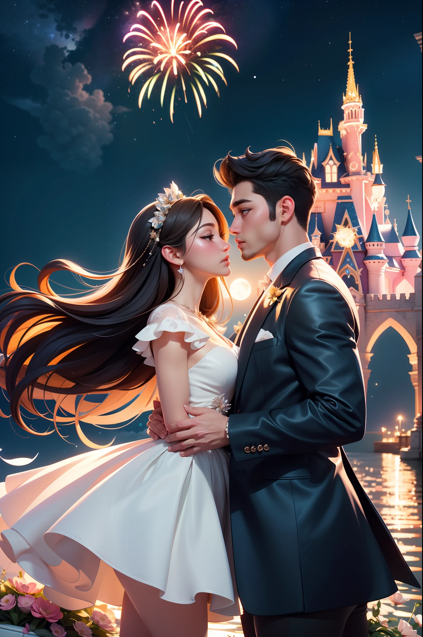 in a panoramic view，wide angles，Real-world realism，4k picture quality，Detailed description，Depiction of demeanor，Detail portrayal，(Romantic couple kissing in the wind)，Starry night、Cinderella's castle、Castle panorama，large moon、Small clouds、Moonlight、tranquil lake，Beautiful moon reflection、Ultra-realistic scenes、detaileds、Foto realism，Starry sky at night，Fireworks bloom in the sky，Spherical flowers explode，Colorful，The meadows are full of flowers，The wind blows the petals，Normal face，