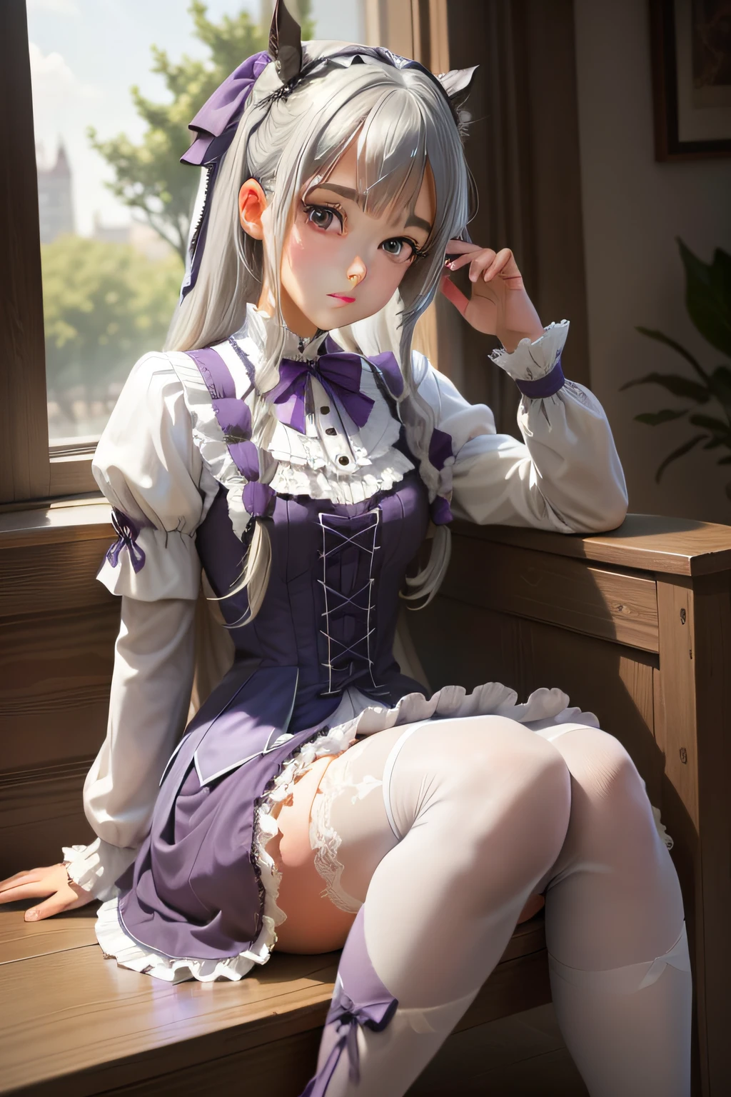 Gray hair，dual horsetail，teens girl，Purple Lolita，，Sit upright，white stockings，leg loops，Lace，inns