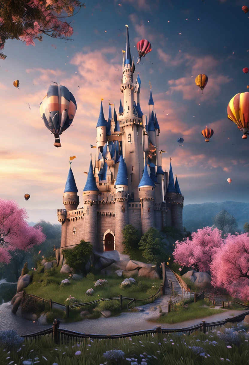 in a panoramic view,wide angles,Real-world realism,4k picture quality,Detailed description,Depiction of demeanor,Detail portrayal,(Romantic couple kissing in the wind),Starry night、Cinderella's castle、Castle panorama,large moon、Small clouds、Moonlight、Tranquil lake,Beautiful moon reflection、Ultra-realistic scenes、detaileds、Foto realism,Starry sky at night,Fireworks bloom in the sky,Spherical flowers explode,Colorful,The meadows are full of flowers,The wind blows the petals,Normal face,