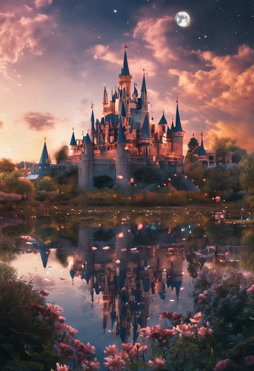 in a panoramic view,wide angles,Real-world realism,4k picture quality,Detailed description,Depiction of demeanor,Detail portrayal,(Romantic couple kissing in the wind),Starry night、Cinderella's castle、Castle panorama,large moon、Small clouds、Moonlight、Tranquil lake,Beautiful moon reflection、Ultra-realistic scenes、detaileds、Foto realism,Starry sky at night,Fireworks bloom in the sky,Spherical flowers explode,Colorful,The meadows are full of flowers,The wind blows the petals,Normal face,