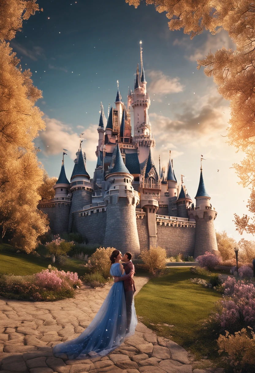 in a panoramic view,wide angles,Real-world realism,4k picture quality,Detailed description,Depiction of demeanor,Detail portrayal,(Romantic couple kissing in the wind),Starry night、Cinderella's castle、Castle panorama,large moon、Small clouds、Moonlight、Tranquil lake,Beautiful moon reflection、Ultra-realistic scenes、detaileds、Foto realism,Starry sky at night,Fireworks bloom in the sky,Spherical flowers explode,Colorful,The meadows are full of flowers,The wind blows the petals,Normal face,