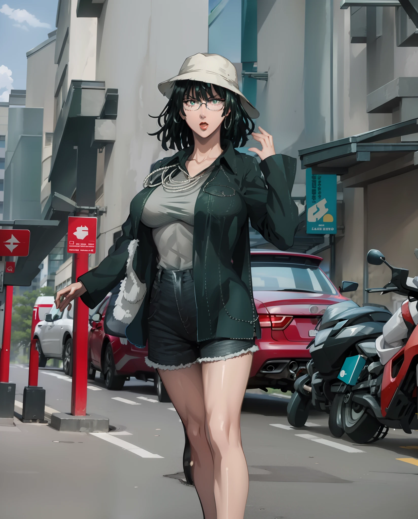 Girl, red lips, big nose, big tits, glasses, shorts hair, black hair colors, wearing earrings, wearing a necklace, fair skin, gray bucket hat colors, long sleeve levis shirt, white shorts tank top colors, short black pants, sexy body, sexy girl, stand pose, elegant pose, beautiful girls, in outdoor, urban background, realistic, looking forward, five finger in hand, straight finger in hand
