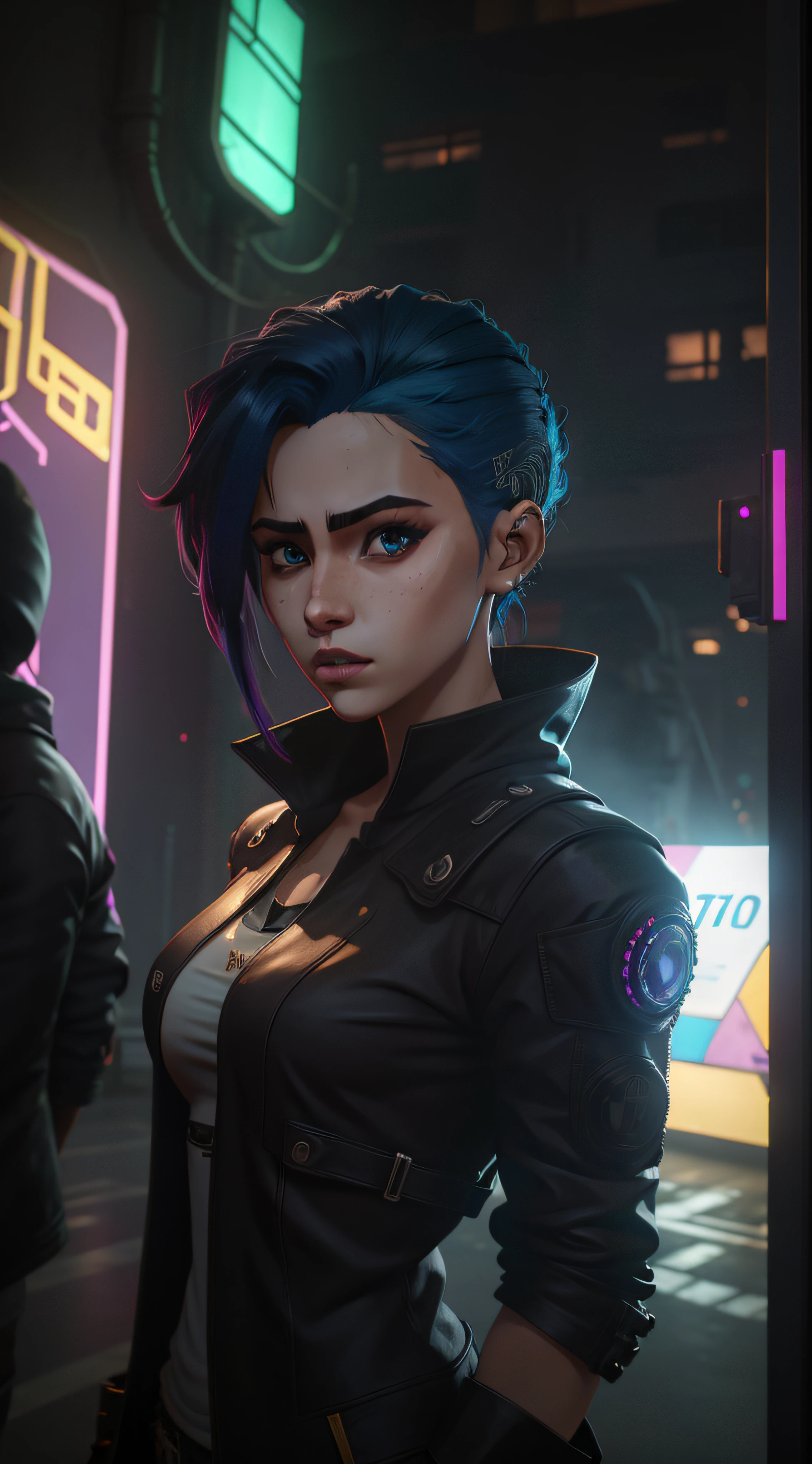 Estilo anime, realista, qualidade HD, cyberpunk, de cabelos castanhos longos, olhos castalhos, jaqueta de couro preta, blusa branca com desenho, no meio da cidade.