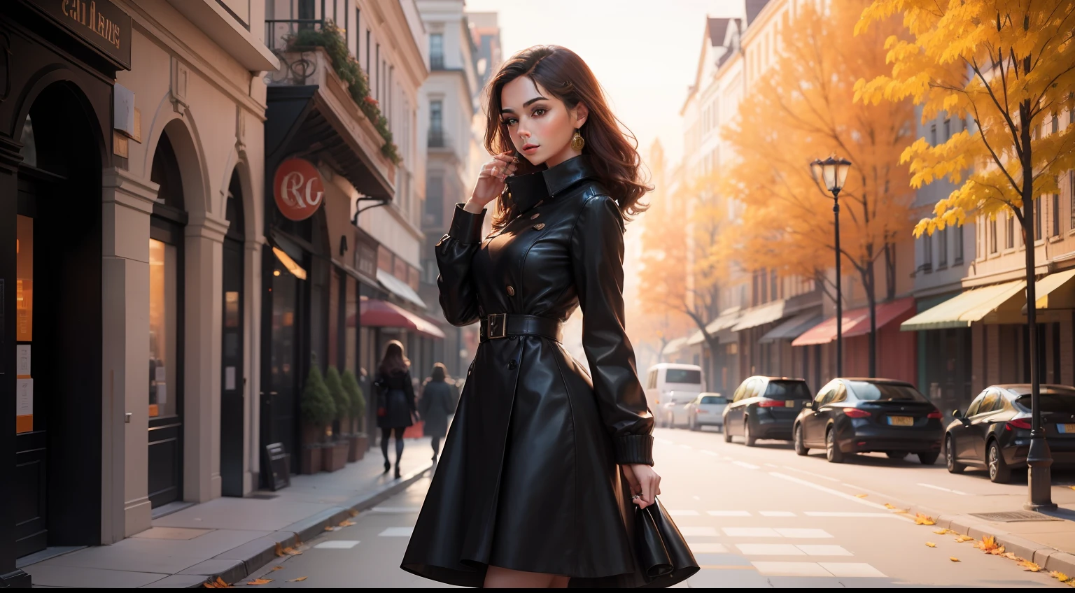 Beautiful young woman in a stylish dress against the background of an autumn city
