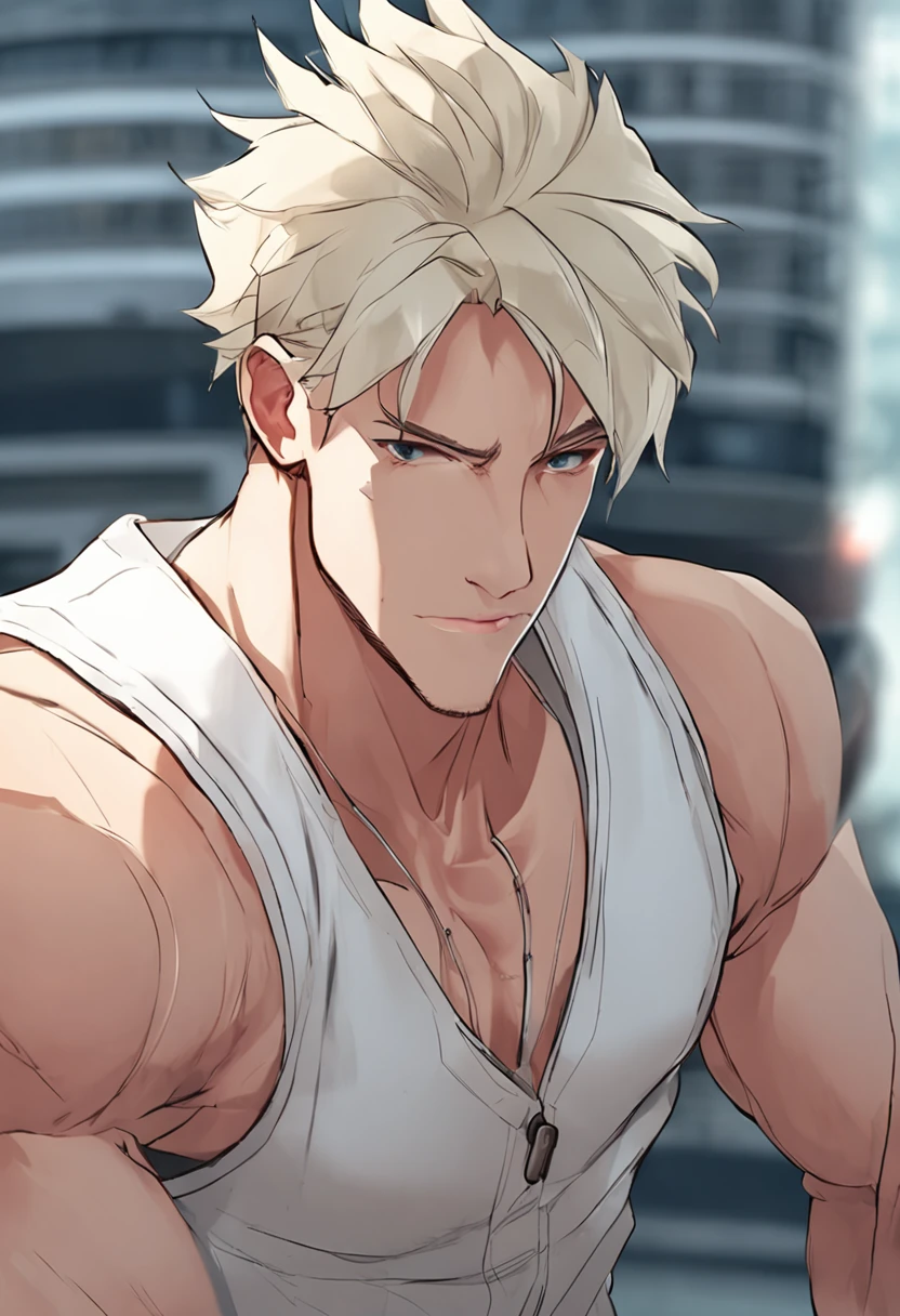 30-year-old young man Tall and strong, Broad shoulders, Strong arms, Strong and slightly fatty, Wearing a white shirt and khaki vest, adventurer clothing, Amiable, Smiling, whaite hair, Short hair, whaite hair, Silver hair, Asymmetrical hair, Short hair, Messy hair, hair splayed out, eyeball, Yellow eyes, Smile, parted lip, Bright pupils, Cinematic lighting, High detail, anime big breast, Chiaroscuro, character sheets, first person perspective, Wide shot, in a panoramic view, hyper HD, ccurate, A high resolution