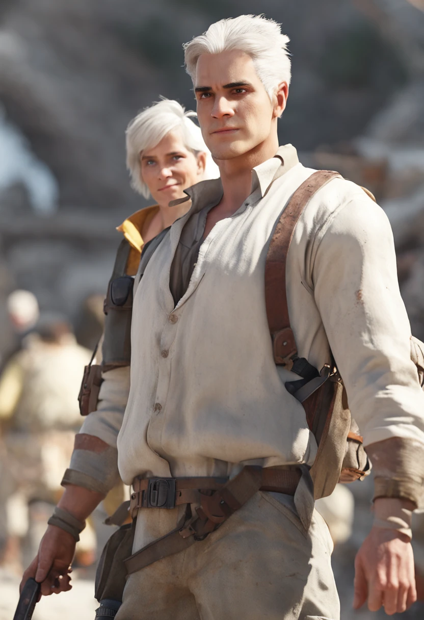 30-year-old young man Tall and strong, Broad shoulders, Strong arms, Strong and slightly fatty, Wearing a white shirt and khaki vest, adventurer clothing, Amiable, Smiling, whaite hair, Short hair, whaite hair, Silver hair, Asymmetrical hair, Short hair, Messy hair, hair splayed out, eyeball, Yellow eyes, Smile, parted lip, Bright pupils, Cinematic lighting, High detail, anime big breast, Chiaroscuro, character sheets, first person perspective, Wide shot, in a panoramic view, hyper HD, ccurate, A high resolution