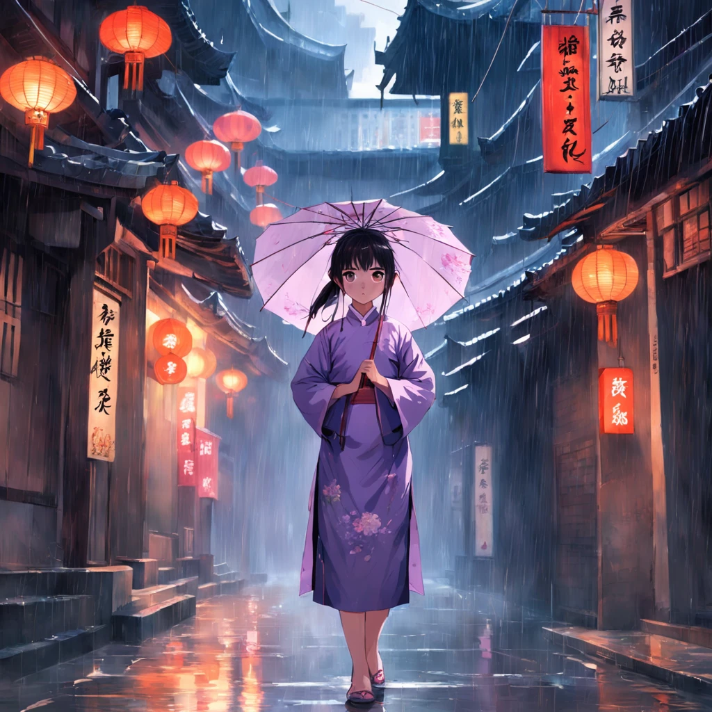 The Republic of China era,A girl wearing a cheongsam like a lilac,Full of sadness,She held an oil-paper umbrella,Walk down an alley,It rained heavily,rainy scene