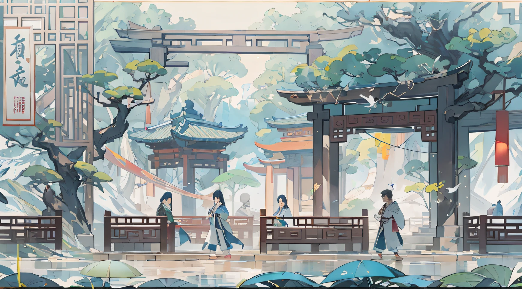 Someone walks in the park with umbrellas and trees, A beautiful artwork illustration, Relaxing concept art, Chinese watercolor style, immensely detailed scene, G Liulian art style, Japanese art style, by Yang J, krenz cushart and wenjun lin, author：Wang Lei, ancient china art style, by Bayard Wu, Chinese painting style, landscape artwork