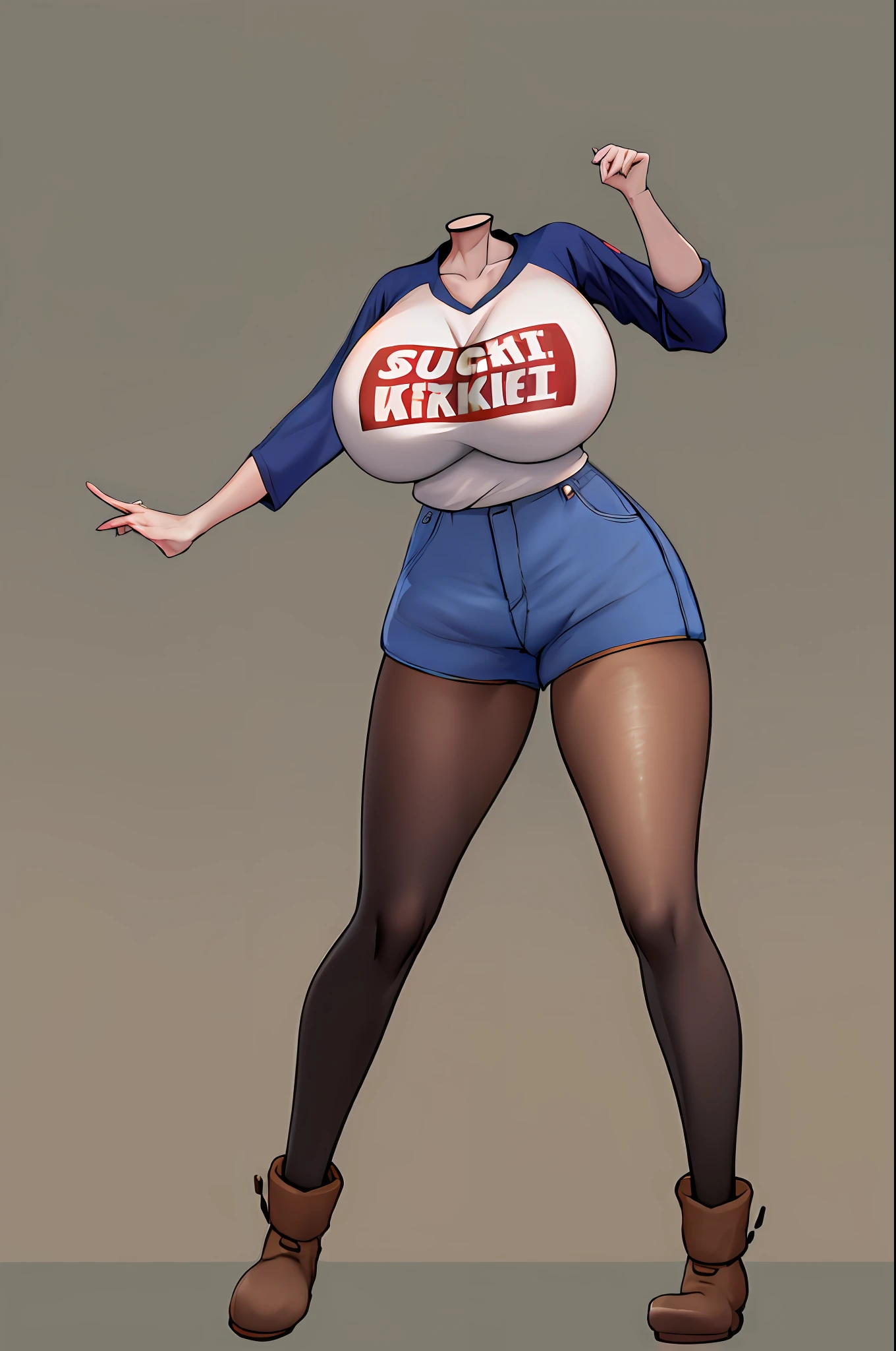 masterpiece, best quality, highres, uh1, shirt, raglan sleeves, romaji text, clothes writing, collarbone, long sleeves, denim shorts, grey pantyhose,  standing, full body, brown short boots, 2010s anime painting, big boobs, city background