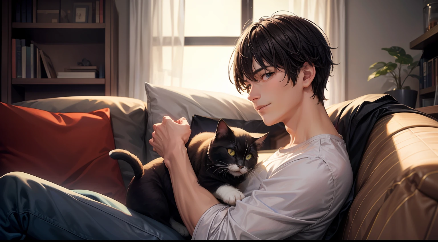 masterpiece、top-quality、Movie stills、Man sitting on sofa、male in his 20s、Gentle smiling man、Little cat curled up on his lap、Bokeh background