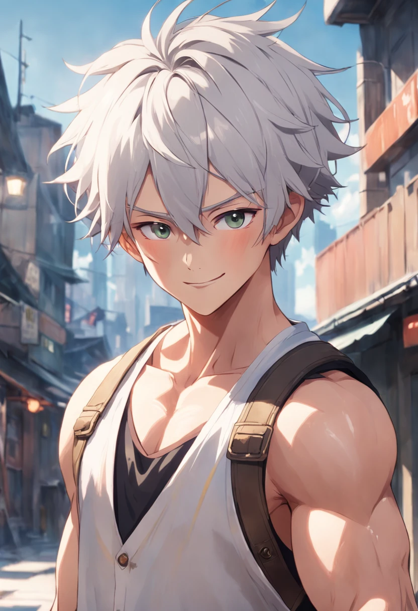30-year-old young man Tall and strong, Broad shoulders, Strong arms, Strong and slightly fatty, Wearing a white shirt and khaki vest, adventurer clothing, Amiable, Smiling, whaite hair, Short hair, whaite hair, Silver hair, Asymmetrical hair, Short hair, Messy hair, hair splayed out, eyeball, Yellow eyes, Smile, parted lip, Bright pupils, Cinematic lighting, High detail, anime big breast, Chiaroscuro, character sheets, first person perspective, Wide shot, in a panoramic view, hyper HD, ccurate, A high resolution