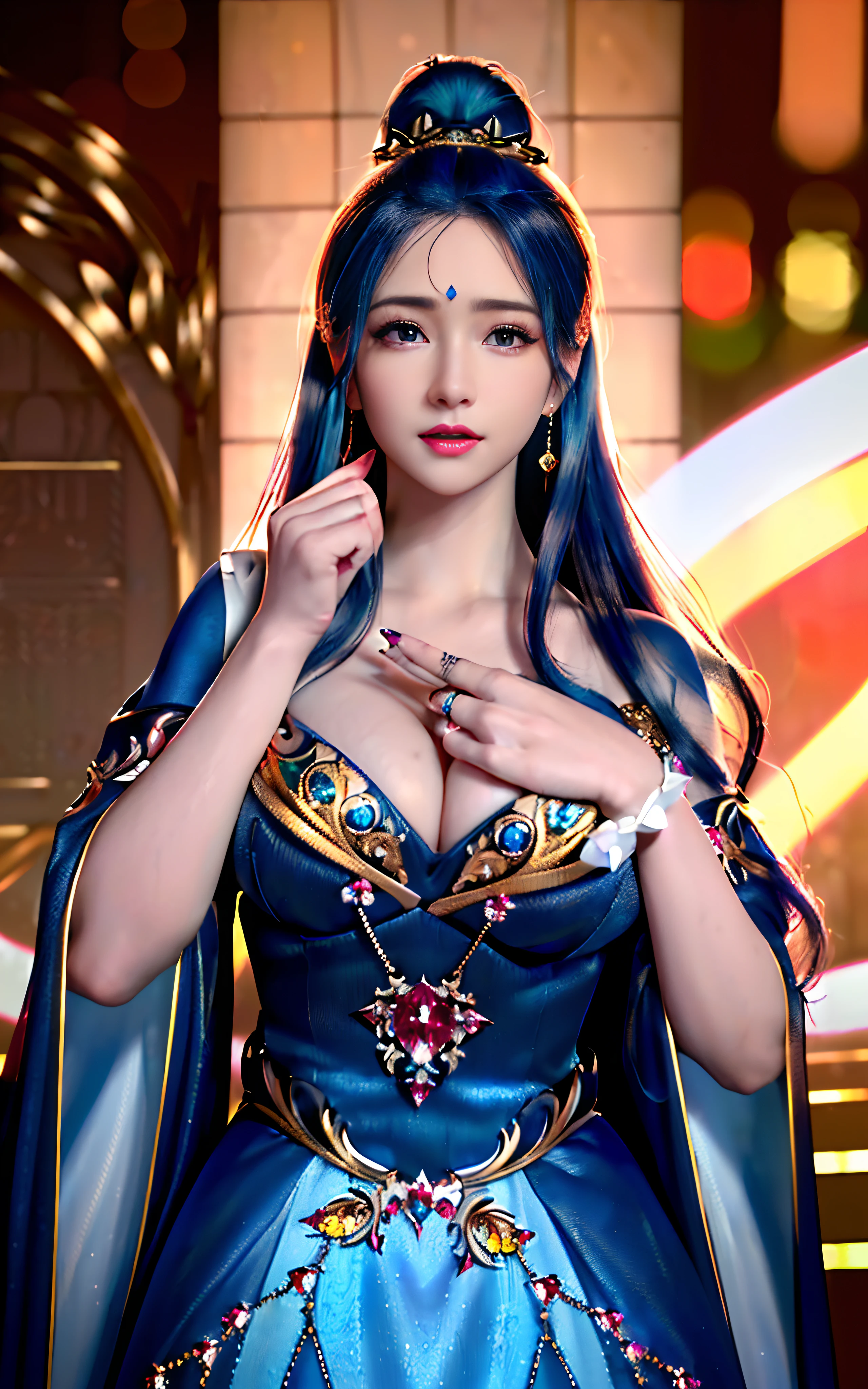 ((realisticity: 1.2)), ((realistic: 8K UHD)), ((best resolution: 8K UHD)), hyper detailed, best quality,masterpiece,highres,cg, ((1 girl hyper detailed and hyper realistic) ) , ((beautiful queen, hyper realistic and hyper detailed)),((white skin, beautiful, smooth, youthful, hyper realistic and hyper detailed )), ((Face hyper beautiful, white, hyper realistic and hyper detailed ) ), long hair, ((hyper realistic and hyper detailed dress)), solo, ((hyper realistic, hyper beautiful, beautiful and hyper detailed jewelry)), ((hyper beautiful deep red and golden yellow dress, hyper realistic and hyper detailed )) , ((Her pretty, hyper realistic, hyper detailed diamond filled earrings)), ((Her gorgeous diamond haircut, hyper realistic and hyper detailed)), ((hyper pretty upper body, hyper beautiful, hyper realistic and hyper detailed) ), ((medium breast: 1.1)), ((hyper realistic, hyper pretty, hyper detailed boobs)), ((the backgroun of the royal palace is hyper majestic, hyper realistic and hyper detailed)),((hands and palms hyper beautiful, hyper detailed, hyper realistic)), ((hyper detailed and hyper realistic fingers and fingernails)), ((hyper pretty fingernails, hyper vivid, hyper detailed, hyper realistic)), ((thumb, index finger, middle finger, ring finger, little finger hyper vivid, hyper pretty, hyper detailed, hyper realistic)),
((hyper beautiful fingers, hyper detailed, and hyper realistic)), ((posture not too fat and not too thin, hyper realistic, hyper detail)), ((hyper pretty, hyper pretty, hyper realistic and hyper detailed hair bun)), ((hyper pretty , hyper realistic and hyper detailed blue hair)), candid, Photo, high resolution, 8k , bokeh,