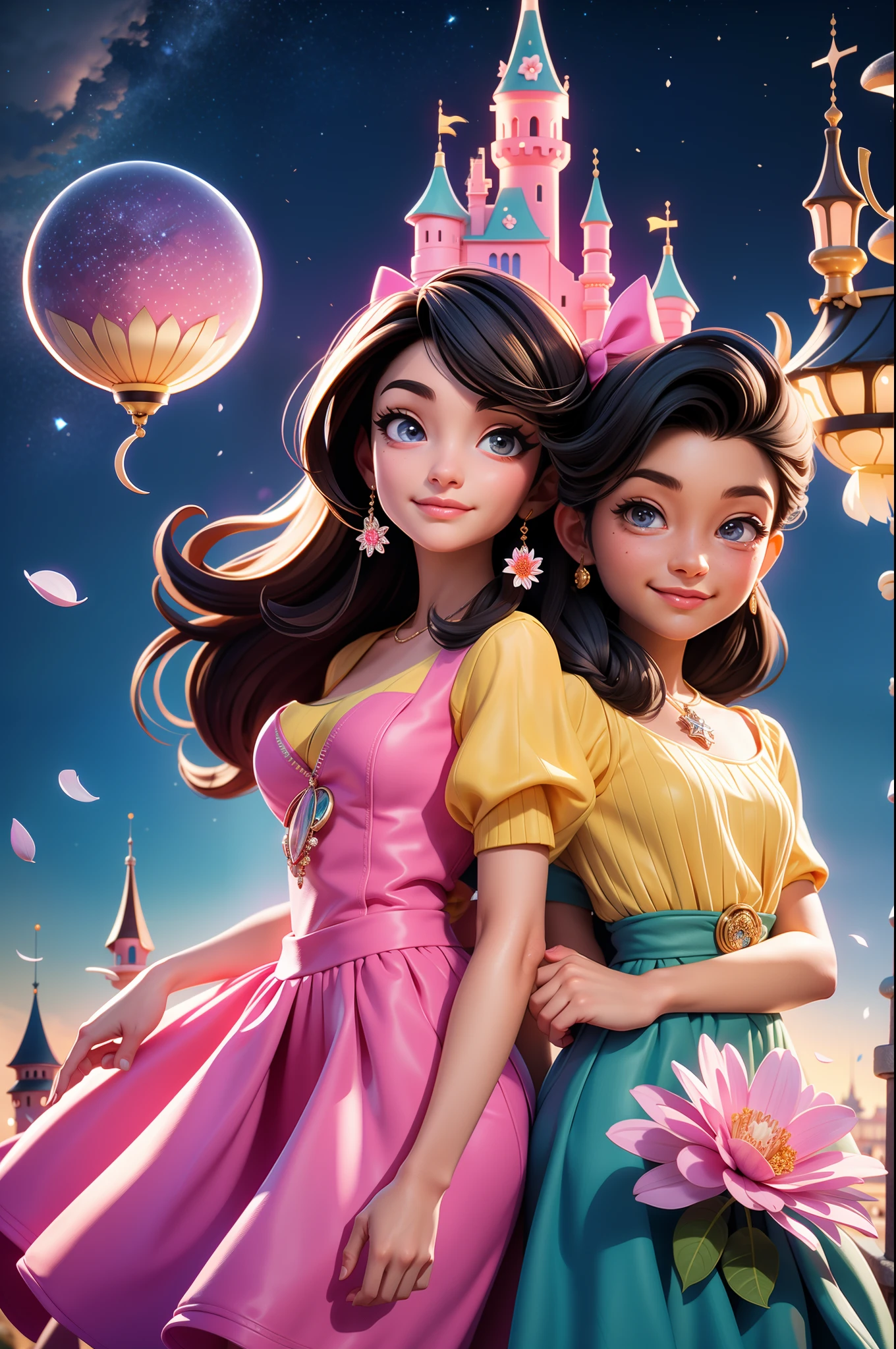 in a panoramic view，wide angles，Real-world realism，4k picture quality，Detailed description，Depiction of demeanor，Detail portrayal，Romantic couple kissing in the wind，Panoramic view of Disney Castle，Starry at night，Fireworks bloom in the sky，The spherical flower exploded，Colorful，The meadows are full of flowers，The wind blows the petals，Normal face，