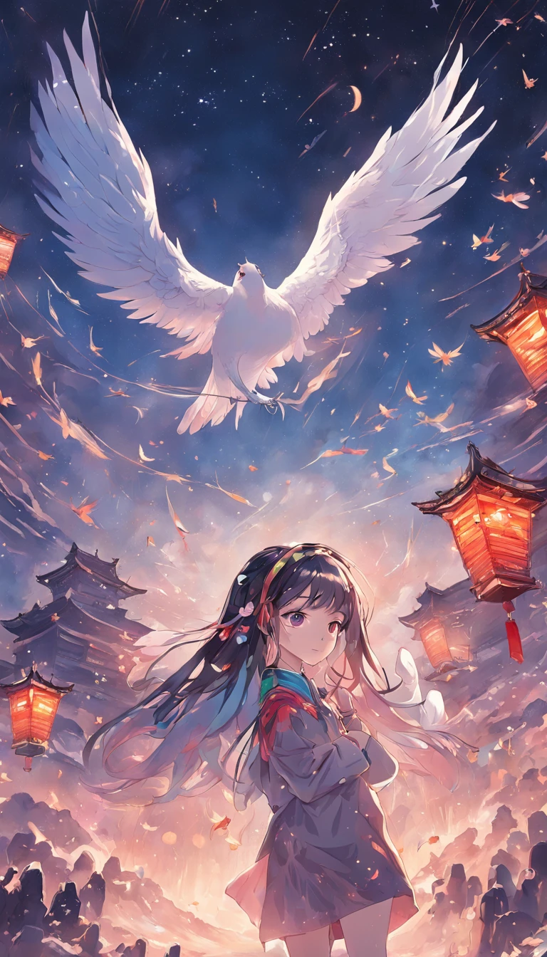 Chinese mythology and stories,Two immortals,Vaqueiro,Weaver,Flying in space,A flock of magpies in space with roses,Build a beautiful rainbow bridge,Magpie Flyover,Rose Skybridge,Rainbow Skyfly,Vaqueiro,Weaver,Flew onto the flyover,Meet,Hugged,Kiss each other,The ends of the flyover are covered with flowers,The background of the picture is a bright moon,Jade Rabbit greeted with flowers in his hand,The background is full of stars blinking,The background is a dark blue night view,cartoonish style,cyber punk perssonage,Do not have bright colors,--ar 3:4 --njji 5