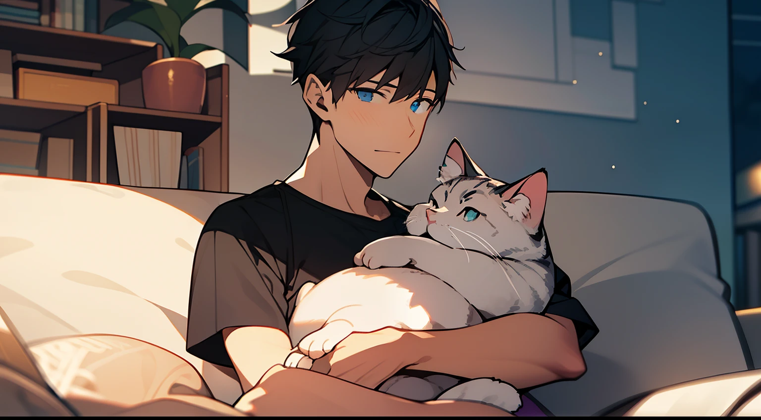 ​masterpiece、top-quality、Movie stills、Man sitting on sofa、male in his 20s、Gentle smiling man、Little cat curling up on his lap、Bokeh background