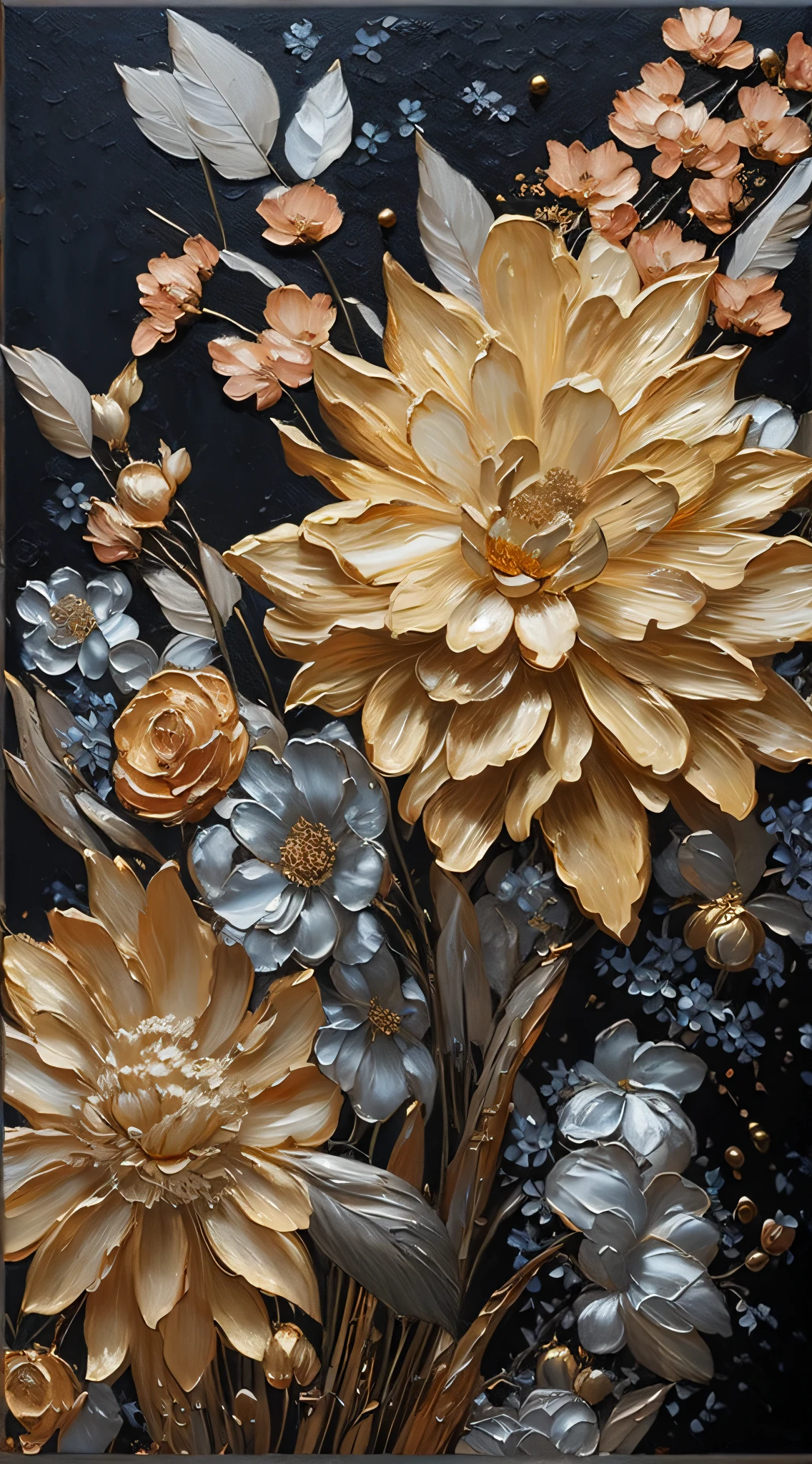 There is a painting of flowers, there are gold and silver leaves, gold flowers, golden peony flowers, golden roses, flowers and gold, (gilded relief: 1.5), detailed flowers, gorgeous flowers, golden flaky flowers, intricate flowers, chaotic gold leaf flowers, detailed 4K oil painting, stunning and rich details, gilded. Floral, floral. Baroque elements, intricate oil paintings