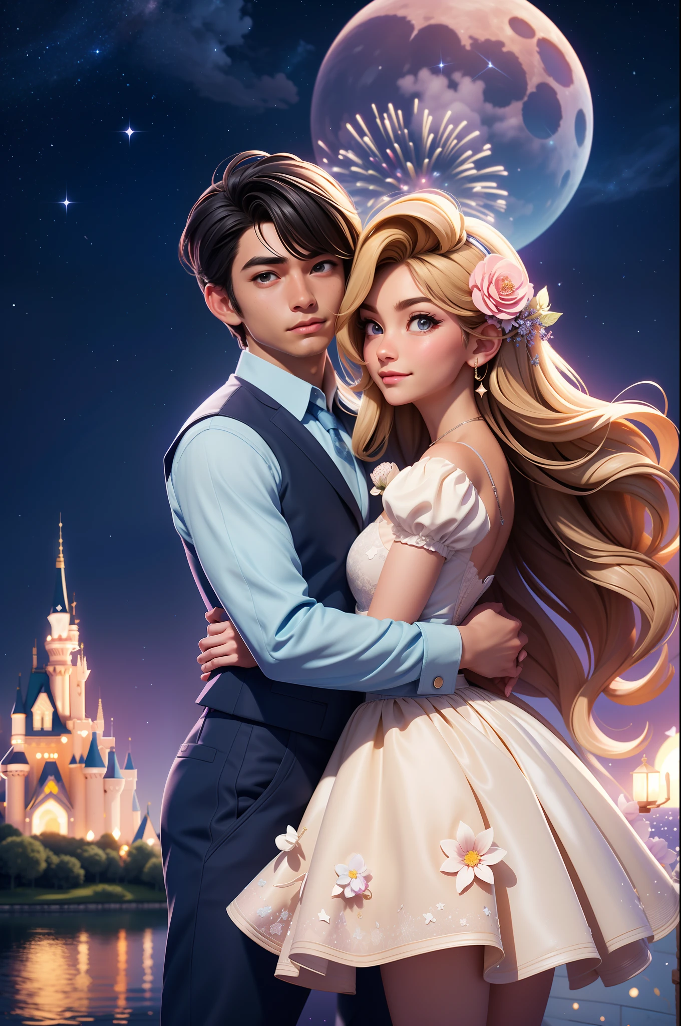in a panoramic view，wide angles，Real-world realism，4k picture quality，Detailed description，Depiction of demeanor，Detail portrayal，Romantic couple kissing in the wind，Starry night、Cinderella's castle、Castle panorama，large moon、Small clouds、Moonlight、A peaceful lake，Beautiful moon reflection、Ultra-realistic scenes、detaileds、Foto realism，Starry at night，Fireworks bloom in the sky，The spherical flower exploded，Colorful，The meadows are full of flowers，The wind blows the petals，Normal face，