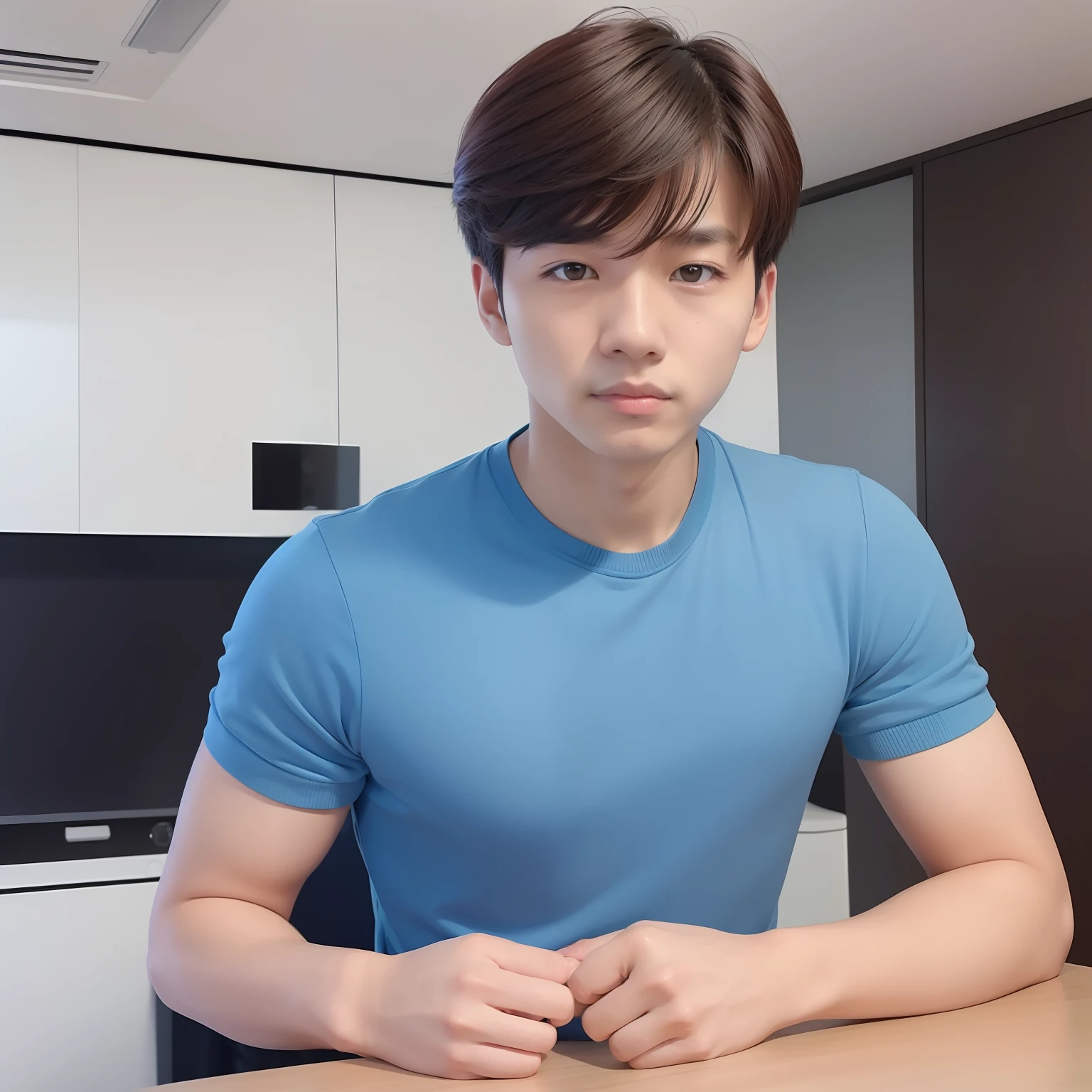 20 years old boy, asian boy, 1 boy, realistis pass port photo, looking to camara, face details, short dark red hair, high resolution, high performance, blue color board background, upper potion view, body straight to camera, lighting fusion, indoor passport photo, hands close to body, beside.