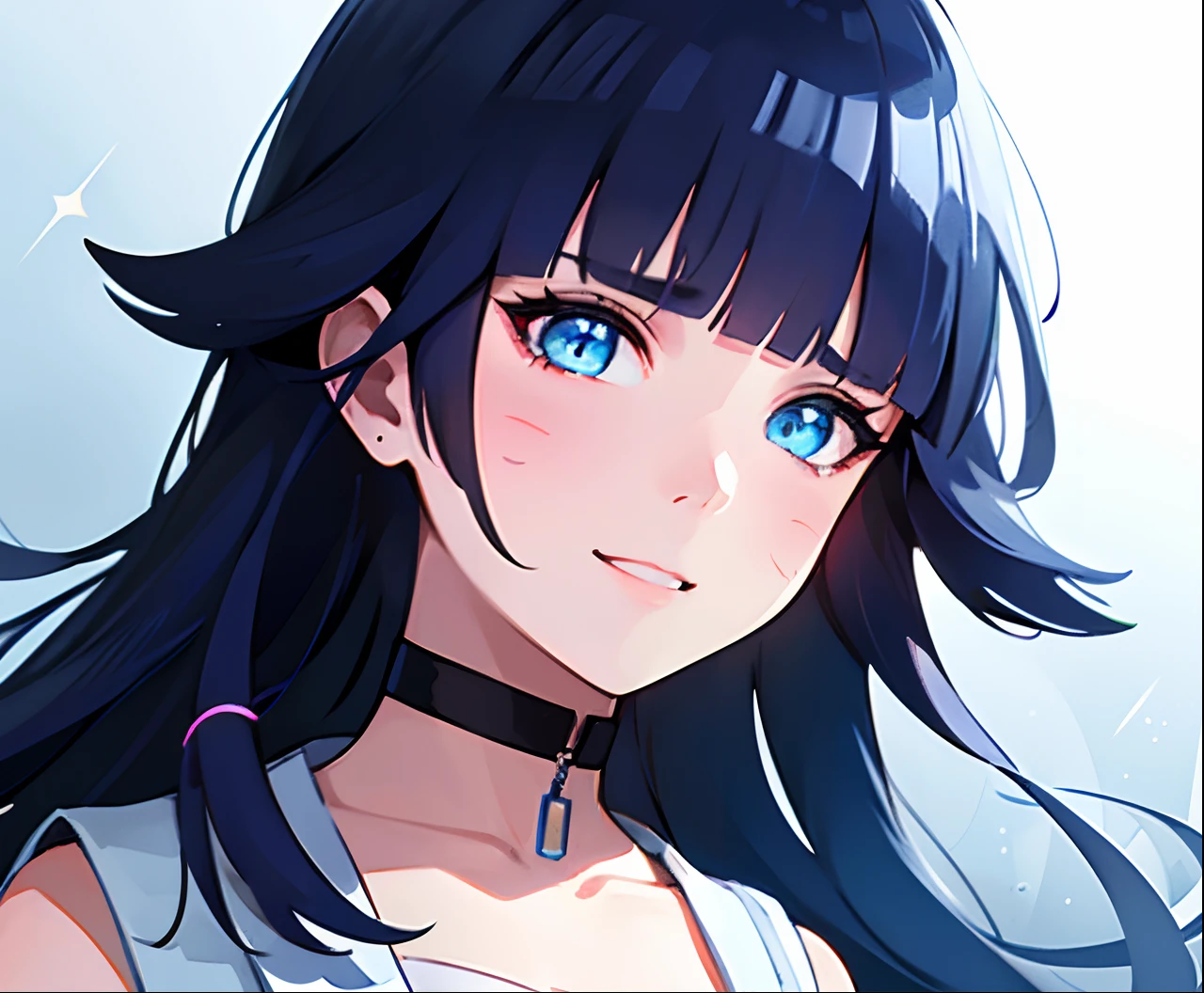 (high-quality, breathtaking),(expressive eyes, perfect face), short, young girl, long dark blue hair, blue eyes, smile, white crop top, choker, urban setting, blue sky, shine, glow, blunt bangs, himawari uzumaki, long hair, soft focus , light gradation watercolor , lens flare , glitter , glow , dreamy , white backgrond