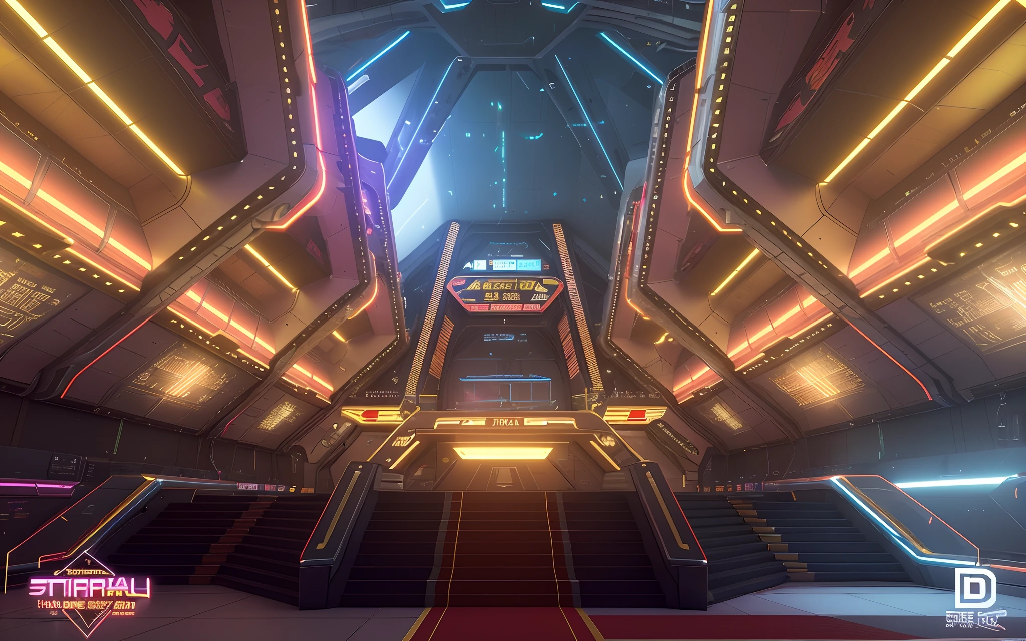 Close-up of triangular display of trophies, Cinema 4D art,Change yellow to neon,There is no watermark in the lower left corner,There is no watermark in the lower right corner,Starship Space Station,film effect,Interior of the hall