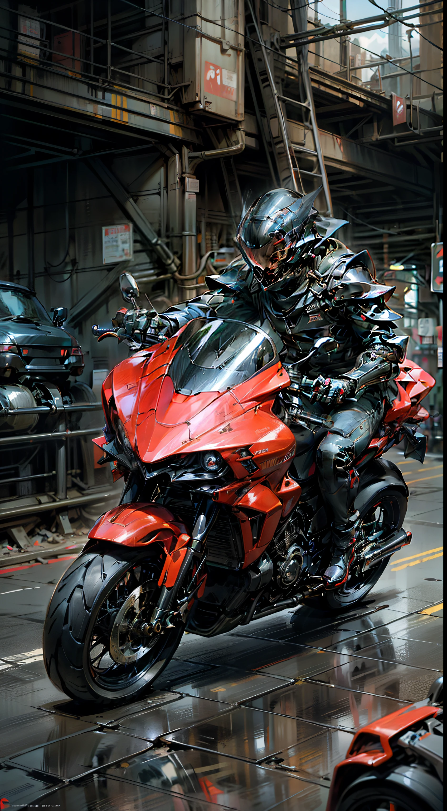 Motorcycles speeding, The front wheels are cocked,motorcycle, Motorcycles, black and red reflected armor, Black and red armor, Portrait shooting, one motorbike in center of frame, Chromium and carbon, cinematic front shot, cinematic full shot, the motorcycle, Chrome motorcycle parts, photographed, style of surrealism, triumph, it has a red and black paint, black and red scheme