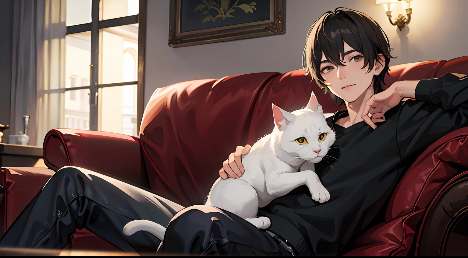 masterpiece、top-quality、Movie stills、Man sitting on sofa、male in his 20s、Gentle smiling man、Little cat curled up on his lap、Bokeh background