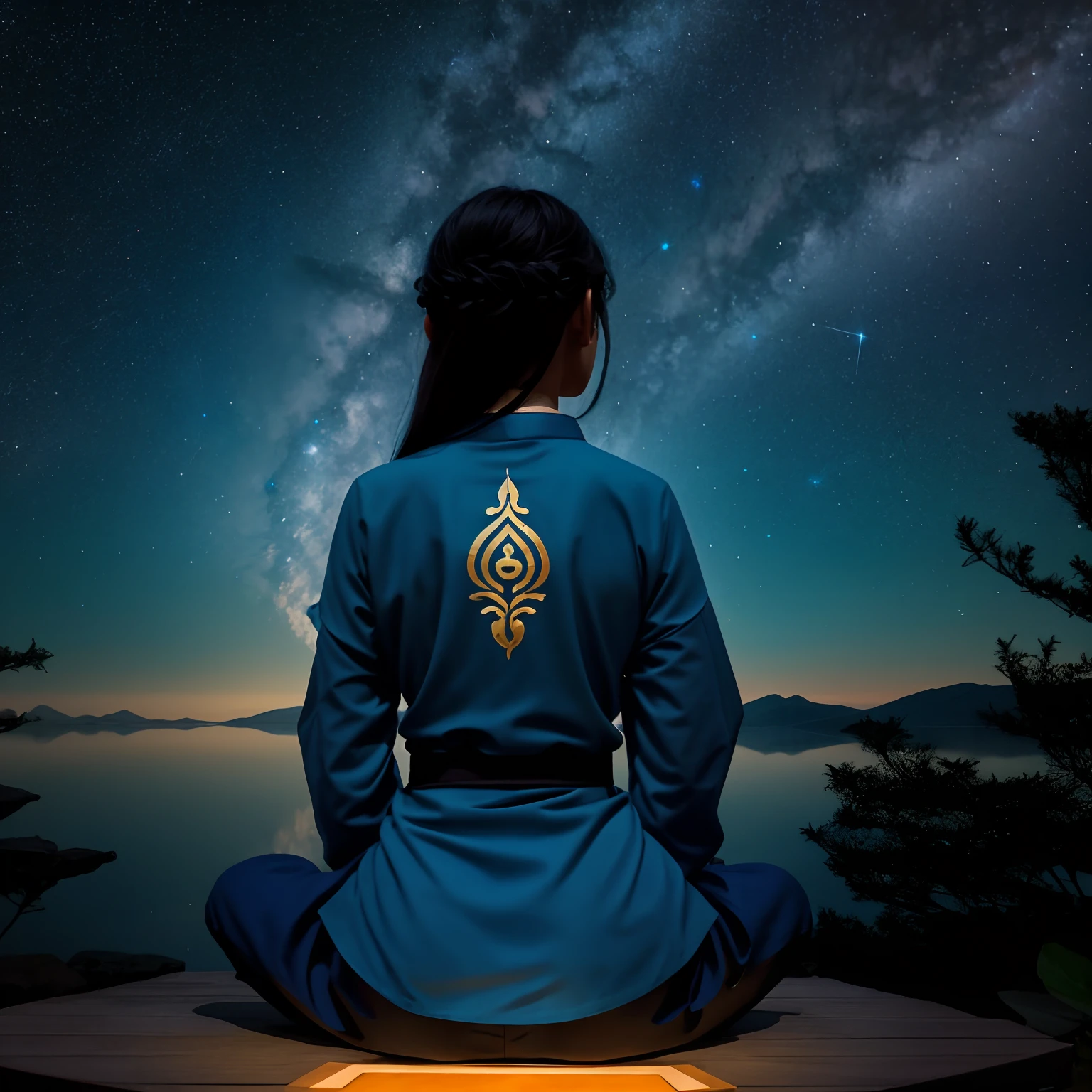 Woman sitting in meditation position，The back of an oriental modern woman，blue clothes。Candles in front of the stars, elven spirit meditating in space, sitting on the cosmic cloudscape, Spiritual enlightenment, Meditating, powerful woman sitting in space, The Hindu phase of meditation, cosmic enlightenment, meditating in lotus position, calm evening. Digital illustration, in meditation posture, Meditation, in meditation posture, Healing glowing lamp blue clothes