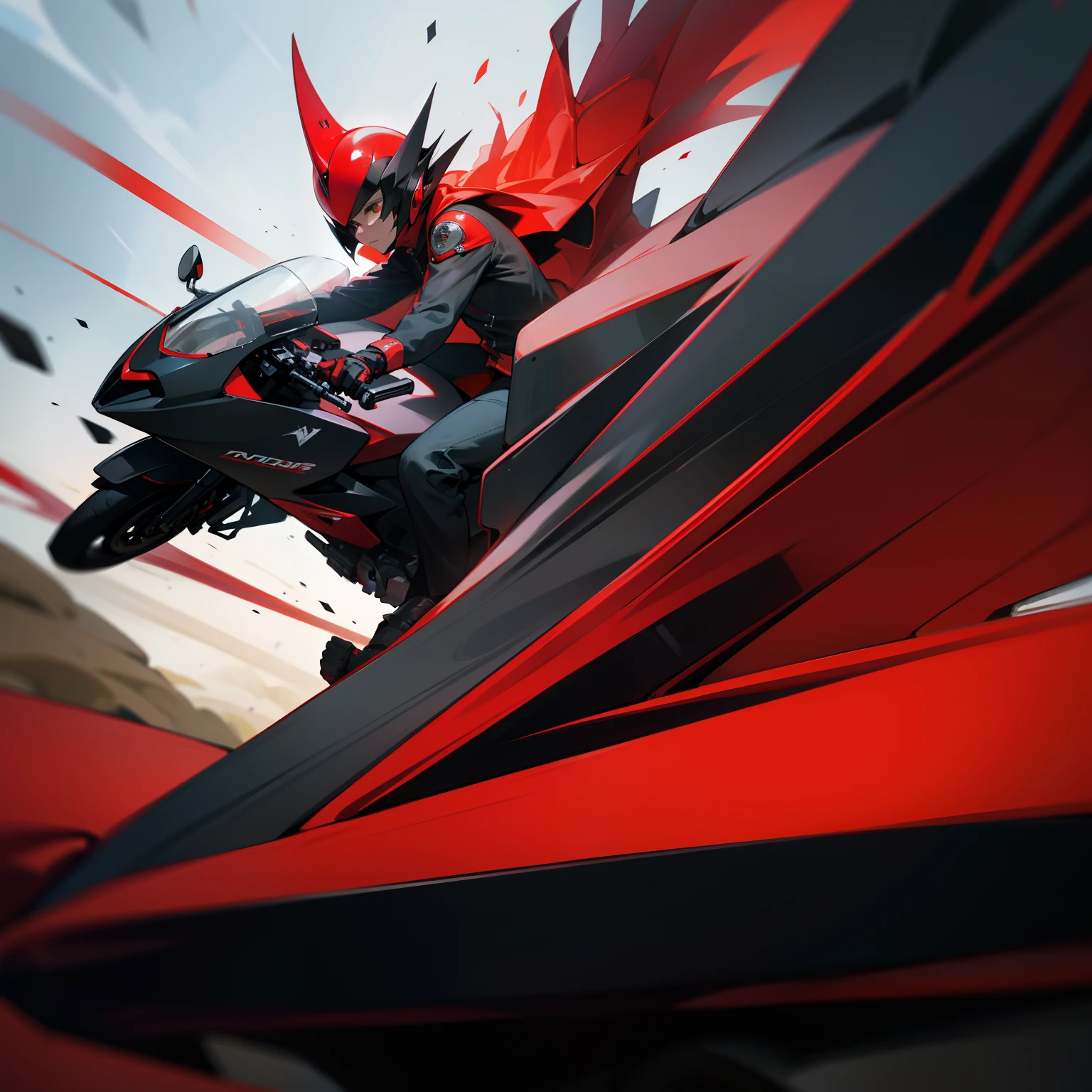 The motorcycle is speeding, The front wheels are cocked,motorcycle, Motorcycles, black and red reflected armor, Black and red armor, portrait shooting, one motorbike in center of frame, Chromium and carbon, cinematic front shot, cinematic full shot, the motorcycle, Chrome motorcycle parts, photographed, style of surrealism, triumph, it has a red and black paint, black and red scheme