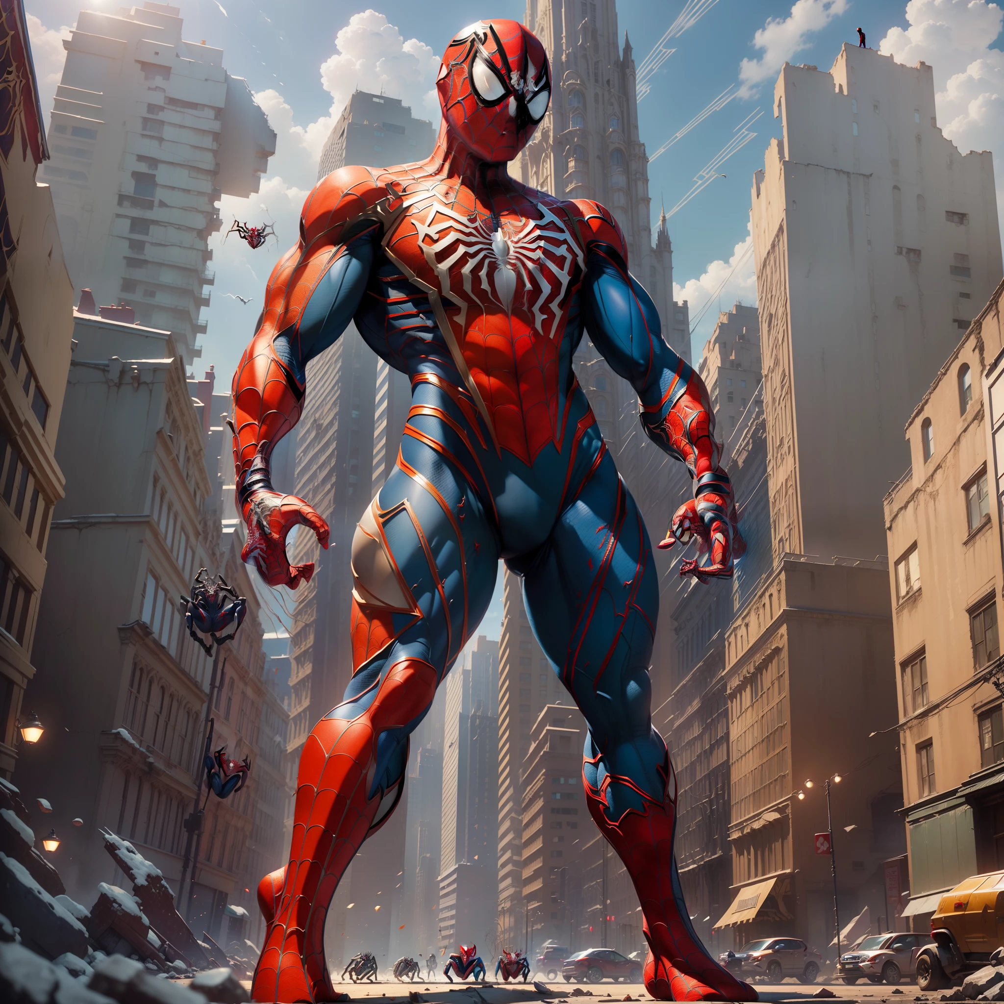 (Masterpiece, Superb Quality, Super Detailed, High Resolution), Male Focus, (((Spider-Man)), (Muscular Man)))), (((Muscle Detail))), (((Spider-Man Armor))), (Standing, Fisting), Posing for Photos, City Ruins, Background Details, (((Full Body))), ((((Spider-Man Mega Sense))