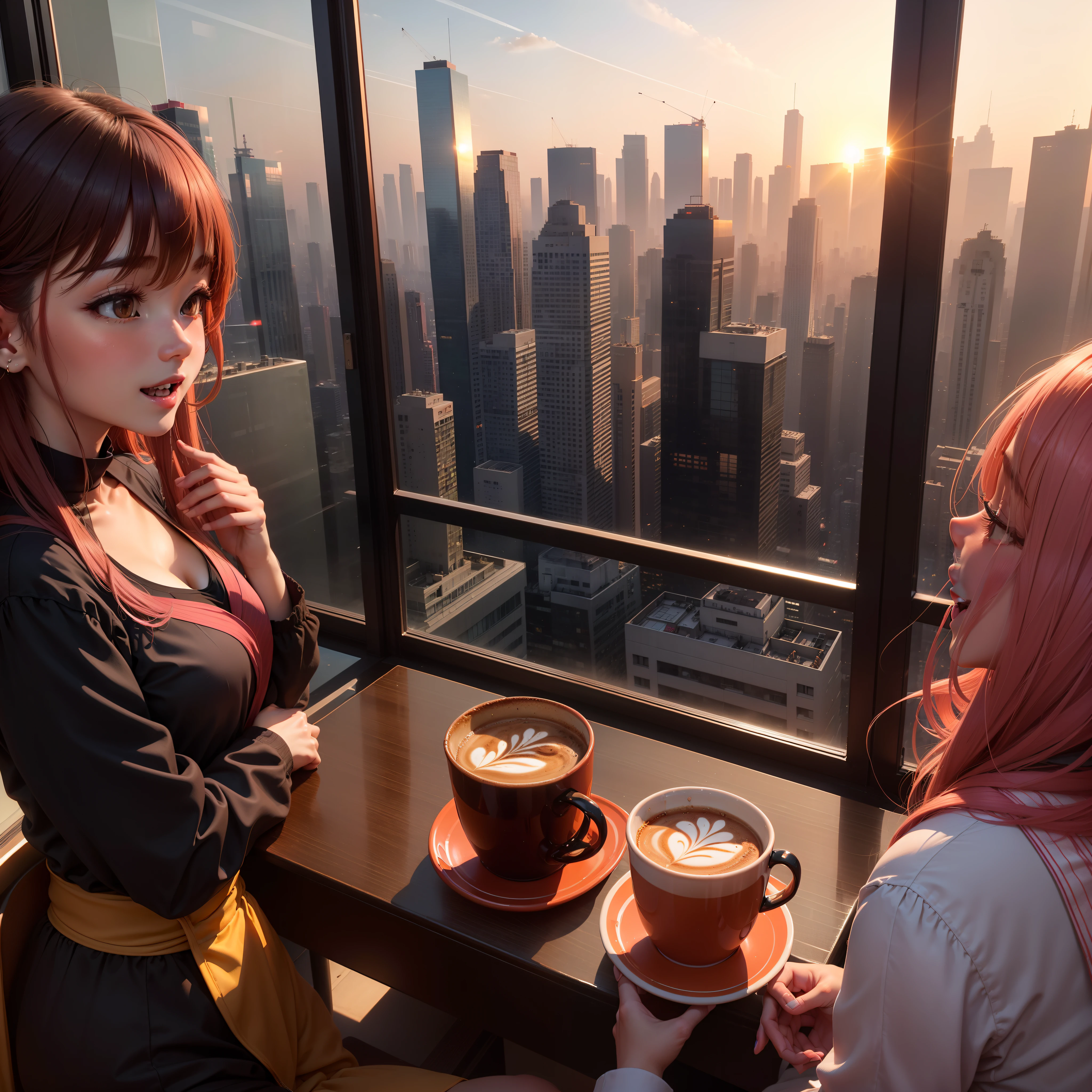 at the sunset, 城市, Skyscrapers, a person々Flow of, Building windows, Warm light, walkway, a person々, cafe terrace, Friends, Laughing, Skysky, an orange, pink there, tints, Urban hustle and bustle, Beautiful sunset, harmony