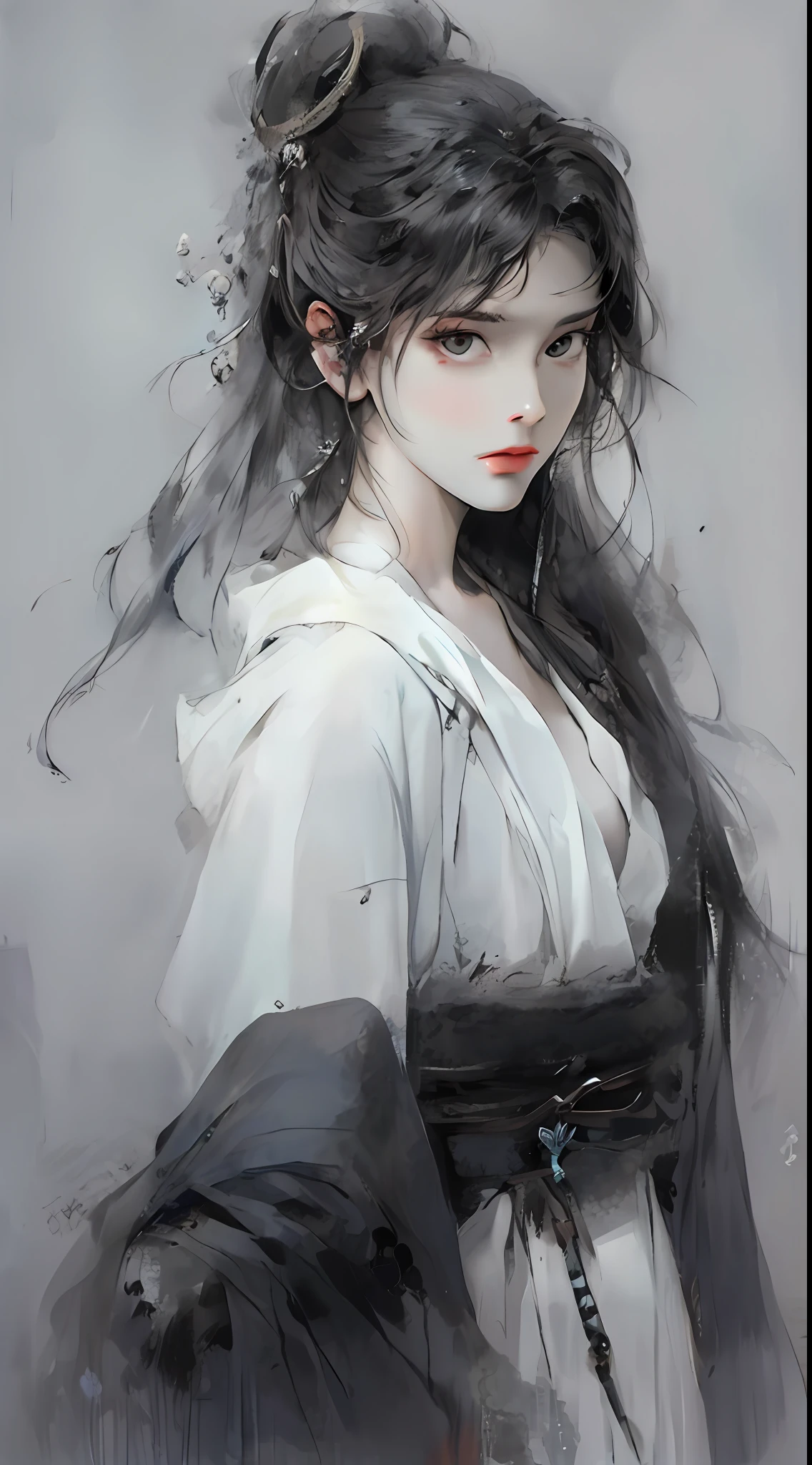 Close up of a woman with black hair, beautiful character painting, splashing ink, epic fine character art, amazing character art