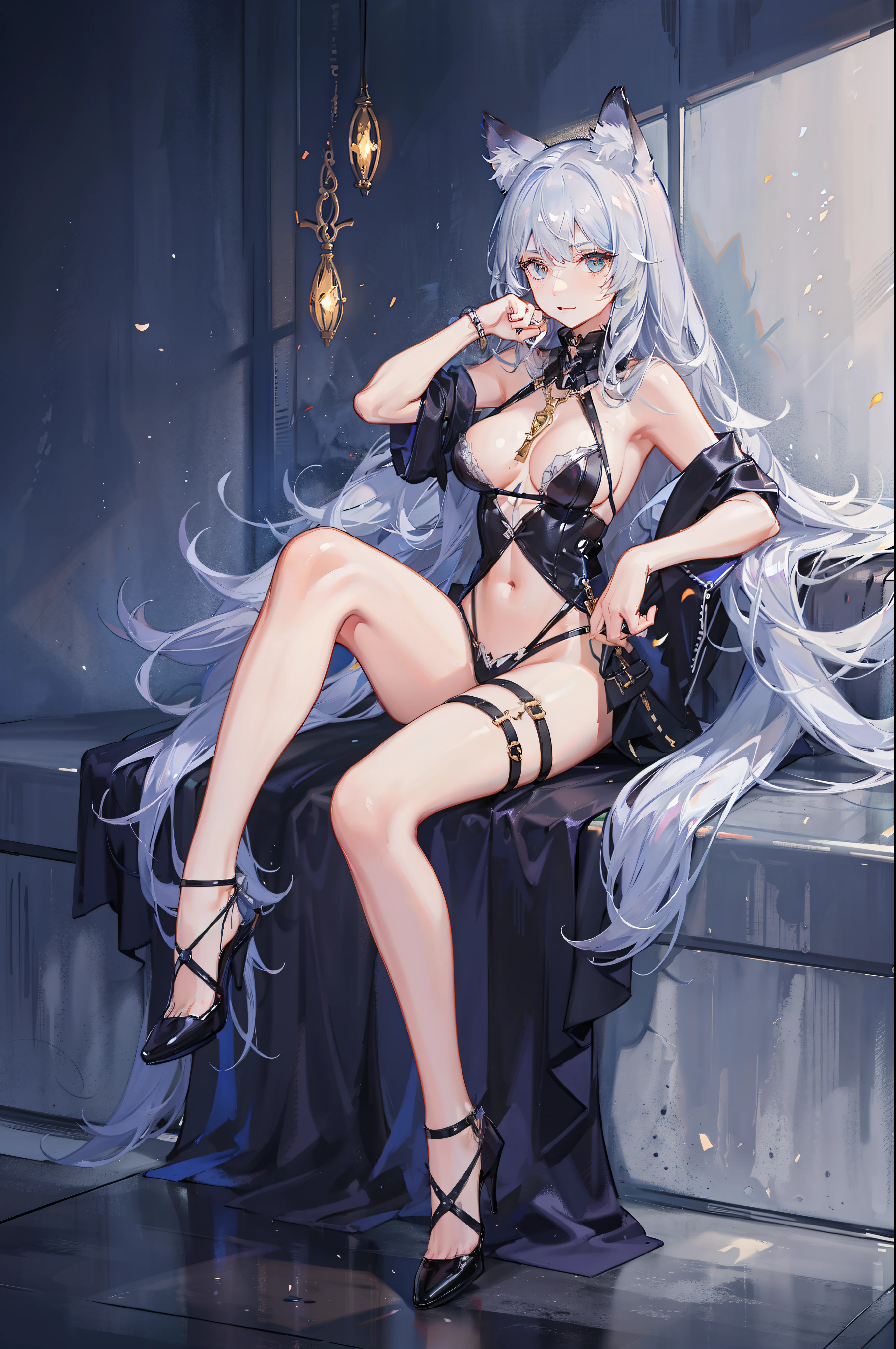 one woman, wolf ears, wolf tail, leather, sexy, masterpiece, good hands, good fingers, good legs, good feet, good eyes, long hair,