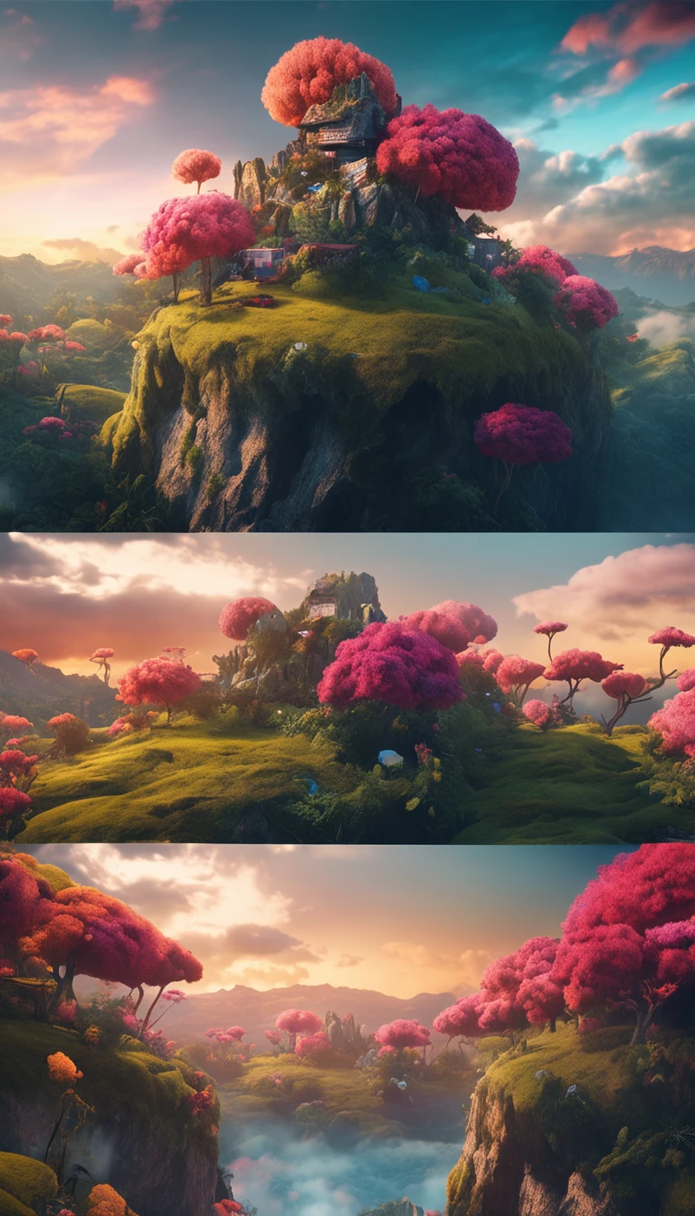 dreamlike landscapes, Nausicaa, Rivers and waterfalls, Very colorful images, lot of flowers, (Uneven terrain:1.6), (Colorful fungus house restored: 1.5), (Fluffy bushes: 1.1), vent, cumulonimbus clouds, cirrus clouds, Chunky silhouette, Pointed-toe silhouette, extreme hight detail, 8K, hyper HD, Film Particle