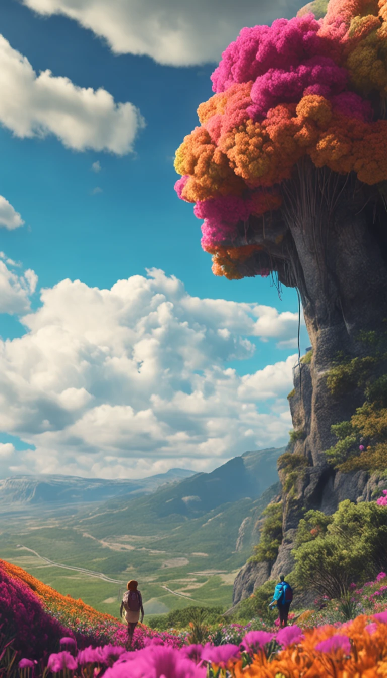 dreamlike landscapes, Nausicaa, Rivers and waterfalls, Very colorful images, lot of flowers, (Uneven terrain:1.6), (Colorful fungus house restored: 1.5), (Fluffy bushes: 1.1), vent, cumulonimbus clouds, cirrus clouds, Chunky silhouette, Pointed-toe silhouette, extreme hight detail, 8K, hyper HD, Film Particle