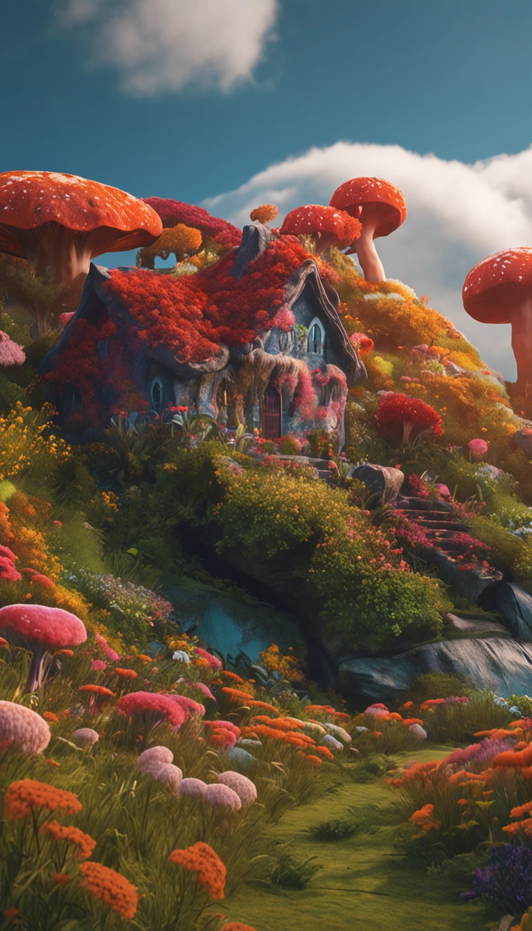 dreamlike landscapes, Nausicaa, Rivers and waterfalls, Very colorful images, lot of flowers, (Uneven terrain:1.6), (Colorful fungus house restored: 1.5), (Fluffy bushes: 1.1), vent, cumulonimbus clouds, cirrus clouds, Chunky silhouette, Pointed-toe silhouette, extreme hight detail, 8K, hyper HD, Film Particle