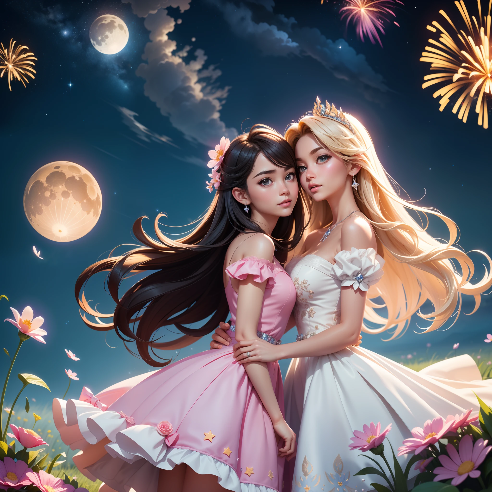 in a panoramic view,wide angles,(In the picture, a man and a woman kiss indirectly,Starry night、Cinderella's castle、Panoramic view of Disney's stone castle),4k picture quality,Detailed description,Depiction of demeanor,Detail portrayal,large moon、Small clouds、Moonlight、tranquil lake,Beautiful moon reflection、Ultra-realistic scenes、detaileds、Foto realism,Starry sky at night,Fireworks bloom in the sky,Spherical flowers explode,Colorful,The meadows are full of flowers,The wind blows the petals,Normal face,1girl
squatting
air bubble
pool
pink flower
tile floor