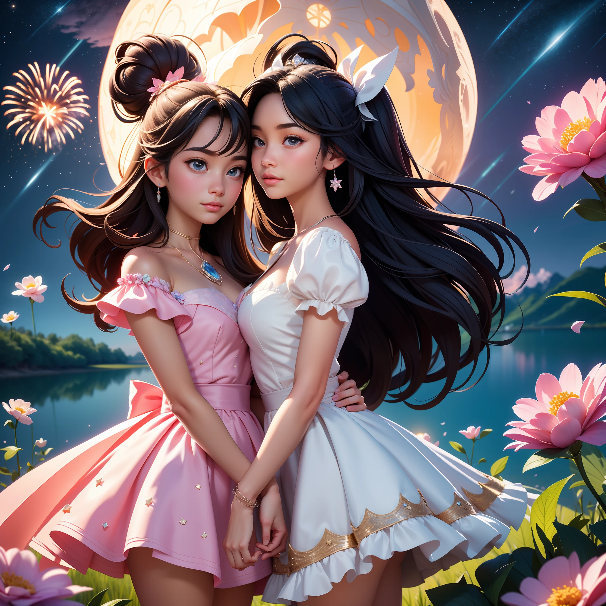 in a panoramic view,wide angles,Real-world realism,4k picture quality,Detailed description,Depiction of demeanor,Detail portrayal,(Romantic couple kissing in the wind),Starry night、Cinderella's castle、Castle panorama,large moon、Small clouds、Moonlight、Tranquil lake,Beautiful moon reflection、Ultra-realistic scenes、detaileds、Foto realism,Starry sky at night,Fireworks bloom in the sky,Spherical flowers explode,Colorful,The meadows are full of flowers,The wind blows the petals,Normal face,