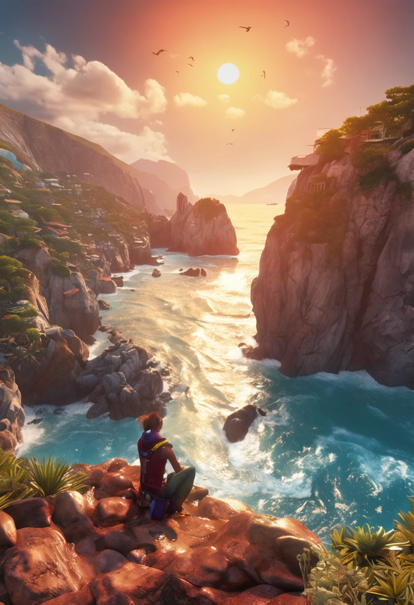 "Create an engaging seascape artwork with Tracer from Overwatch as the focal point. Capture her adventurous spirit by depicting her sitting gracefully on a rocky outcrop by the shore, gazing out at the horizon. Emphasize her energetic personality through dynamic posing and vibrant colors. Let the composition highlight the synergy between Tracer and the sea, conveying a sense of exploration and curiosity in bikini