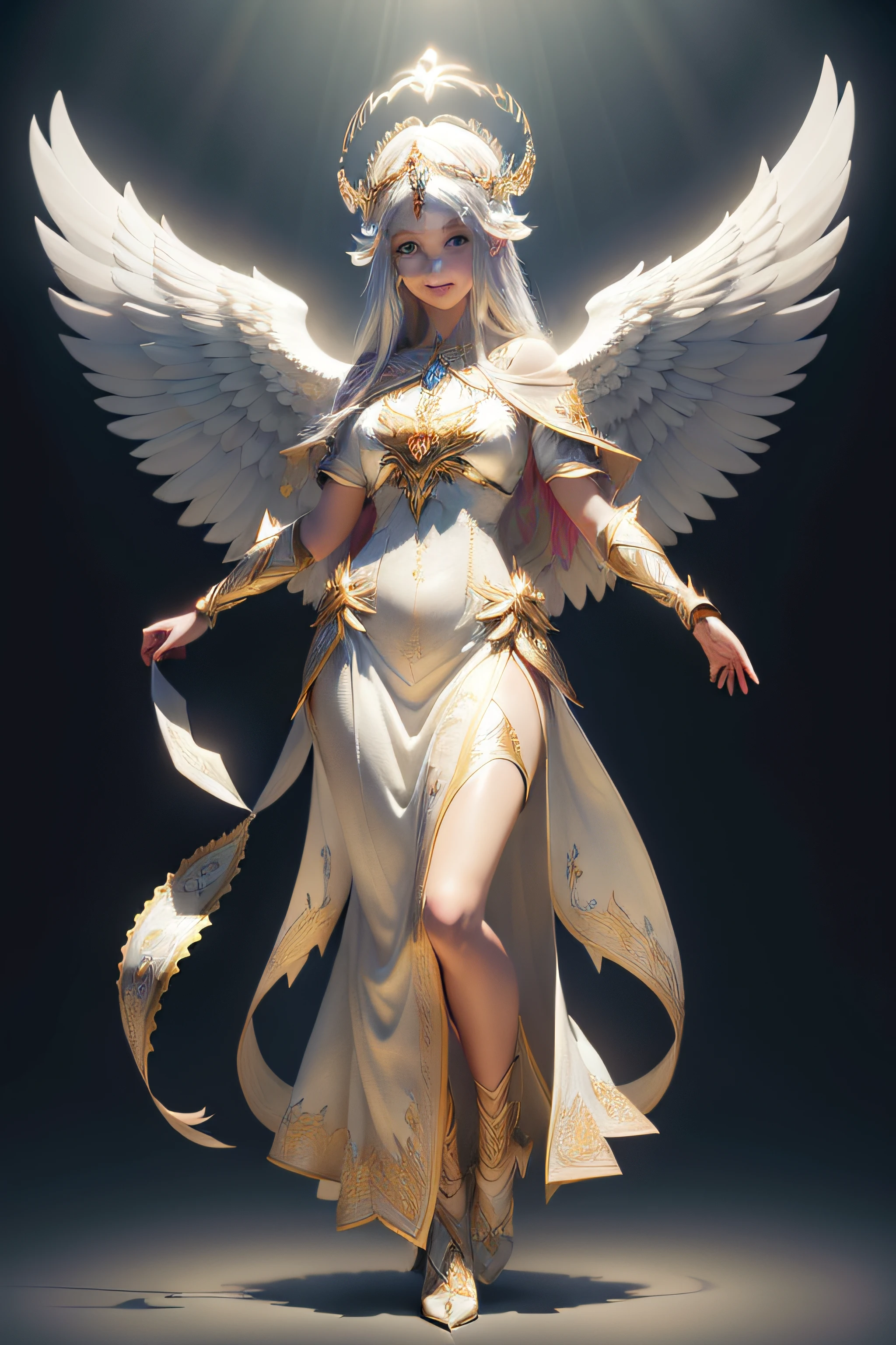 ((colorful dress, colorful theme, clothing, colorful theme, Very bright colors, Light particles)), symmetry, portrait, full body shot, accurate, 16k, highres, best quality, award winning, super detail, anatomically correct, masterpiece, retina, UHD, Ombre, Smile, Cleavage, Pure, High heels, Laces, Glitter, No bra, Offshoulder, Highly detailed facial and skin textures, Detailed eyes, Choker, Full body photoshoot, Full body, Far view, Full body in view, High heels in view, Attractive legs, Sexy legs, Tall legs, Slim figure, Dressed, (photorealistic: 1.4, clear: 1.2, perfect body: 1.4, beauty: 1.4, slim abdomen: 1.2, big breasts: 1.2, fit: 1.5, full-body shot: 1.4, random hairstyles: 1.2),((full body female angel, shining halo over head, extremely bright halo, halo)), 1 angel girl, shining wings, shining halo, exquisite headdress, beautiful female angel, large wings, white hair, white wings, on clouds, beautiful angel, attractive angel, clouds, glowing eyes