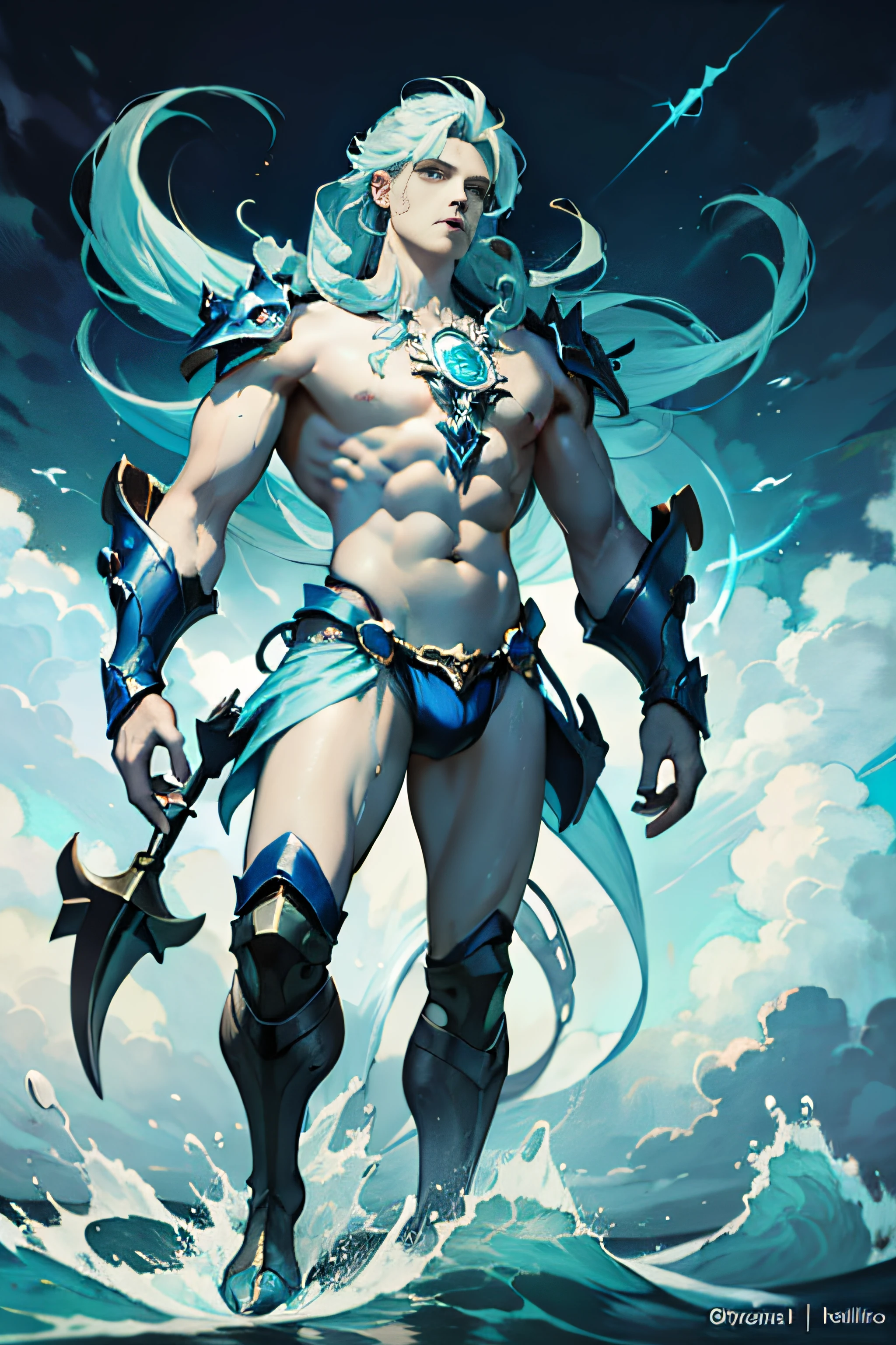 4k realism, (water element, humanoid body made of water: 1.2) sapphire aesthetic, full body, sky background, fantasy art, made of water, body of water, monster, male, male element, masculine, double exposure of otherworldly seascape, fused with the image of Neptune's trident piercing the surface of the water, creating dramatic energy and waves, palatial figures of gods towering in the background, evoking a sense of power and control over the power of the sea, illustrations, digital art