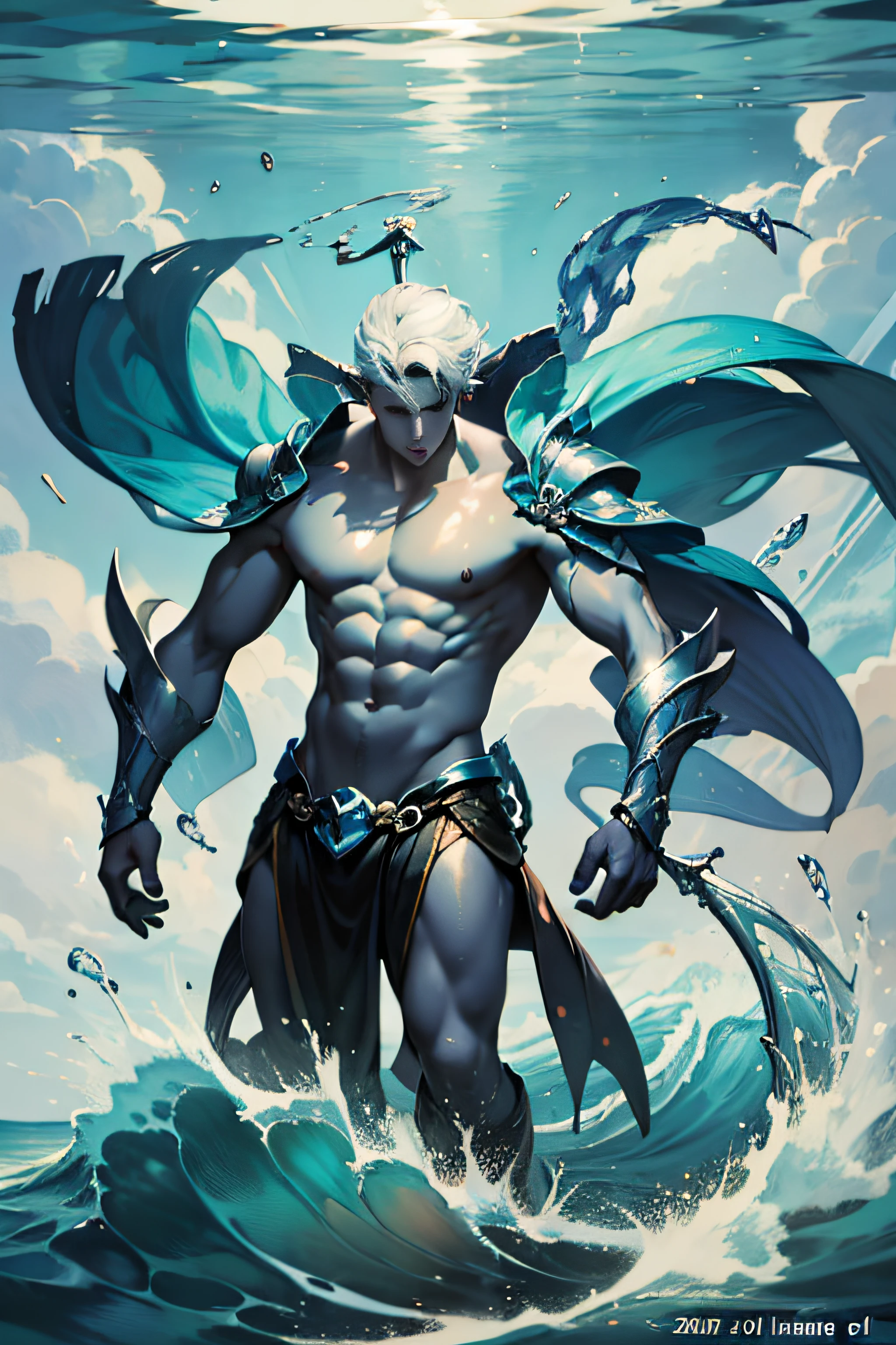 4k realism, (water element, humanoid body made of water: 1.2) sapphire aesthetic, full body, sky background, fantasy art, made of water, body of water, monster, male, male element, masculine, double exposure of otherworldly seascape, fused with the image of Neptune's trident piercing the surface of the water, creating dramatic energy and waves, palatial figures of gods towering in the background, evoking a sense of power and control over the power of the sea, illustrations, digital art