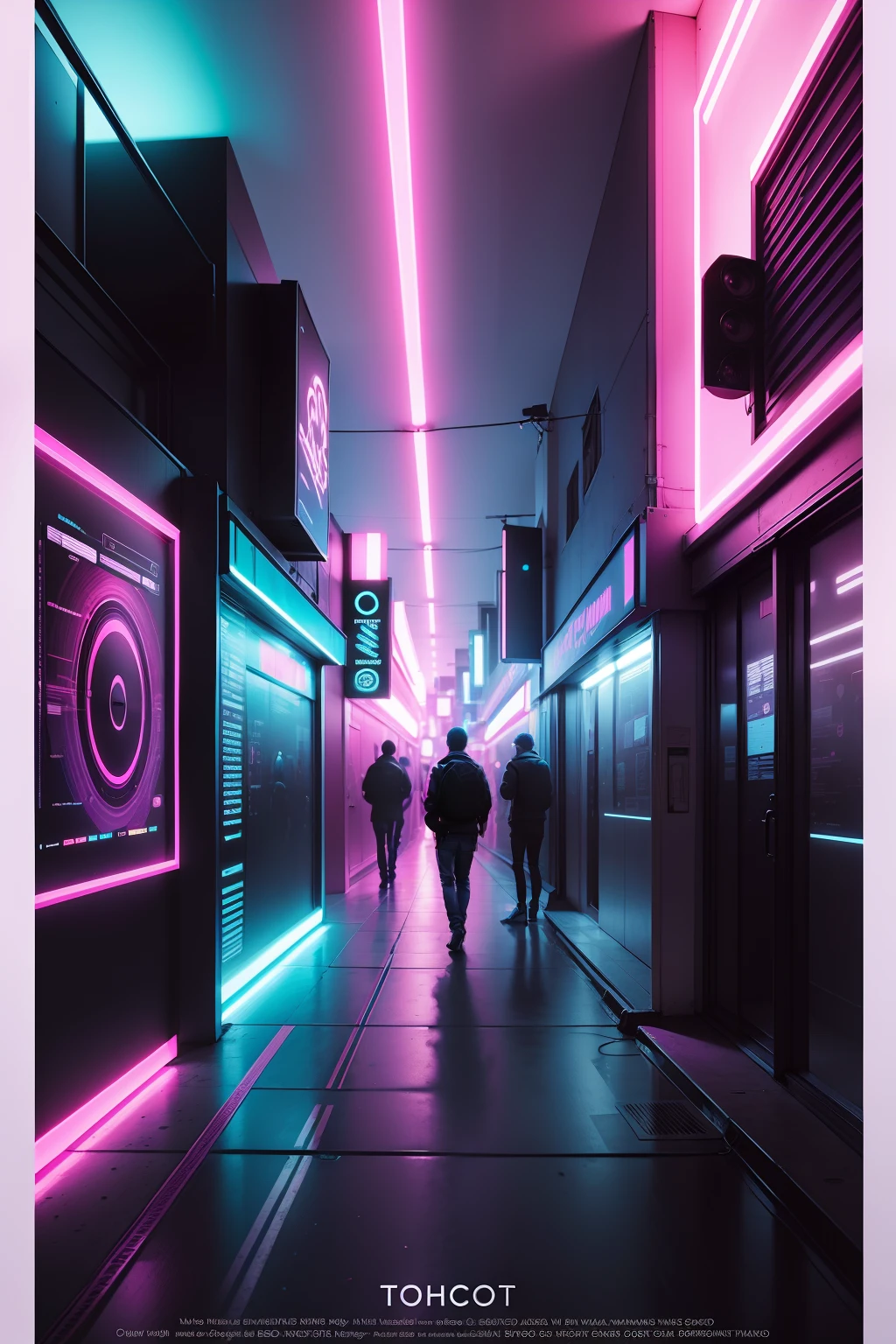 Photorealistic electronic music style poster A lot of people are partying in pink and blue tones