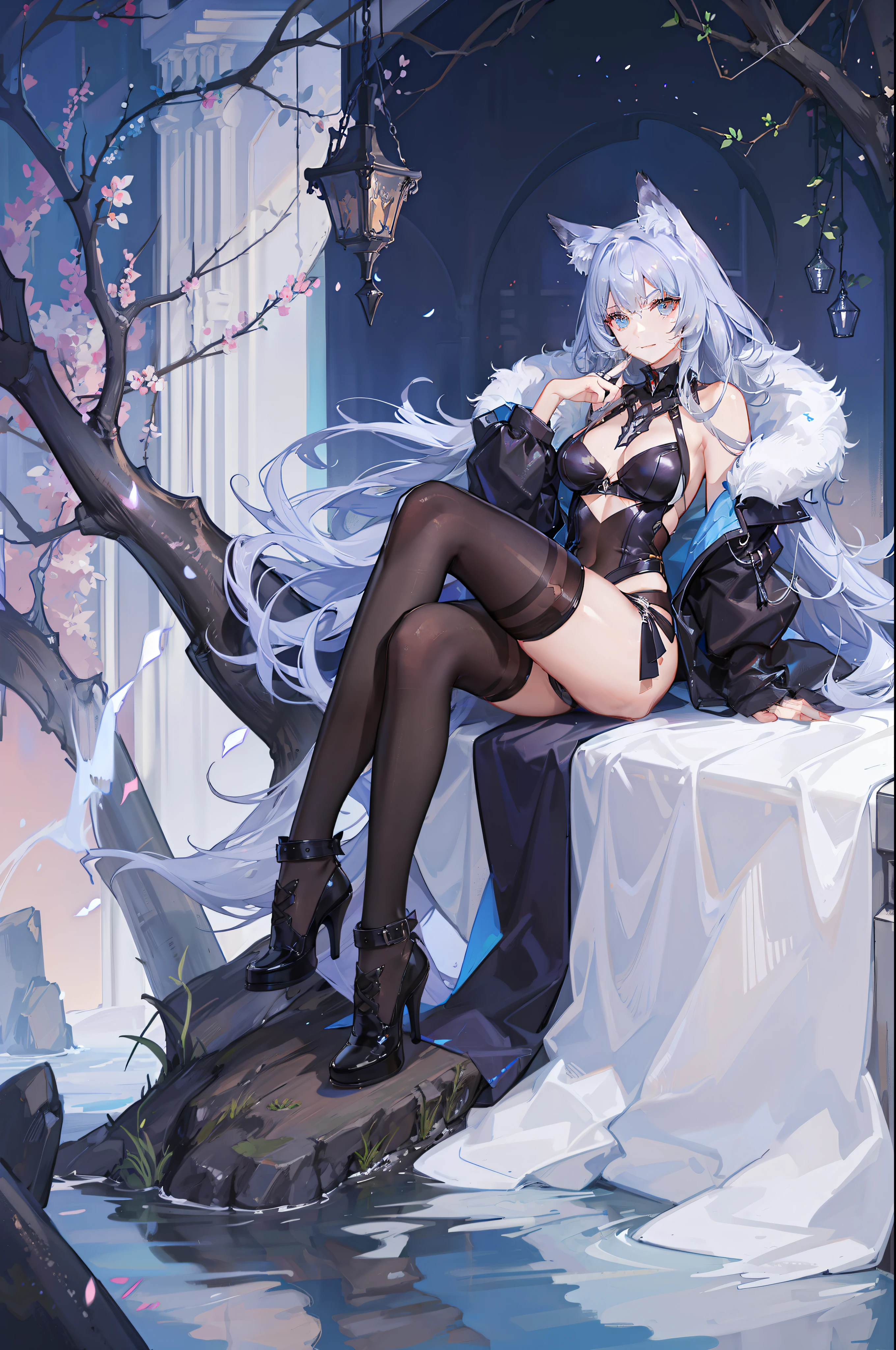 one woman, wolf ears, wolf tail, leather, sexy, masterpiece, good hands, good fingers, good legs, good feet, good eyes, long hair, dark skin,