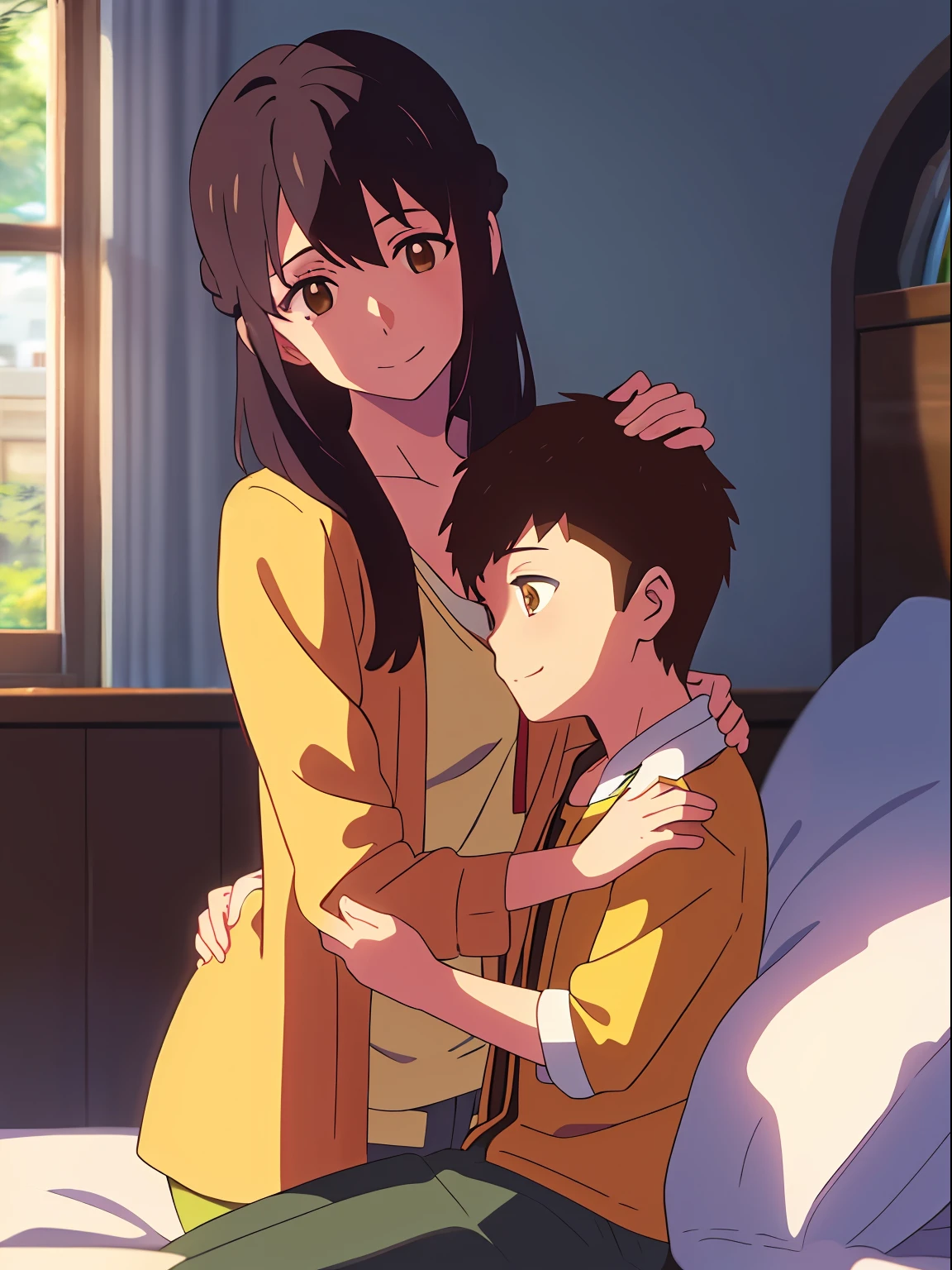 shinkai makoto, kimi no na wa., morher and child, 1girl, mother,bangs, Brown eyes, waterfall braid, red ribbon, long hair, light pink cardigan, open clothes, yellow shirt, orange pants, mother, holding on another one's hand, hugs son, son, buzz cut, close mouth, smile, yellow jacket, green pants, holding with another one's hand, indoor, bed, bedroom, hug, grab, touch chest, grab chest, lick chest, passionate hug, hug chest, hug by mother, lie on bed, son, buzz cut, buzz cut,