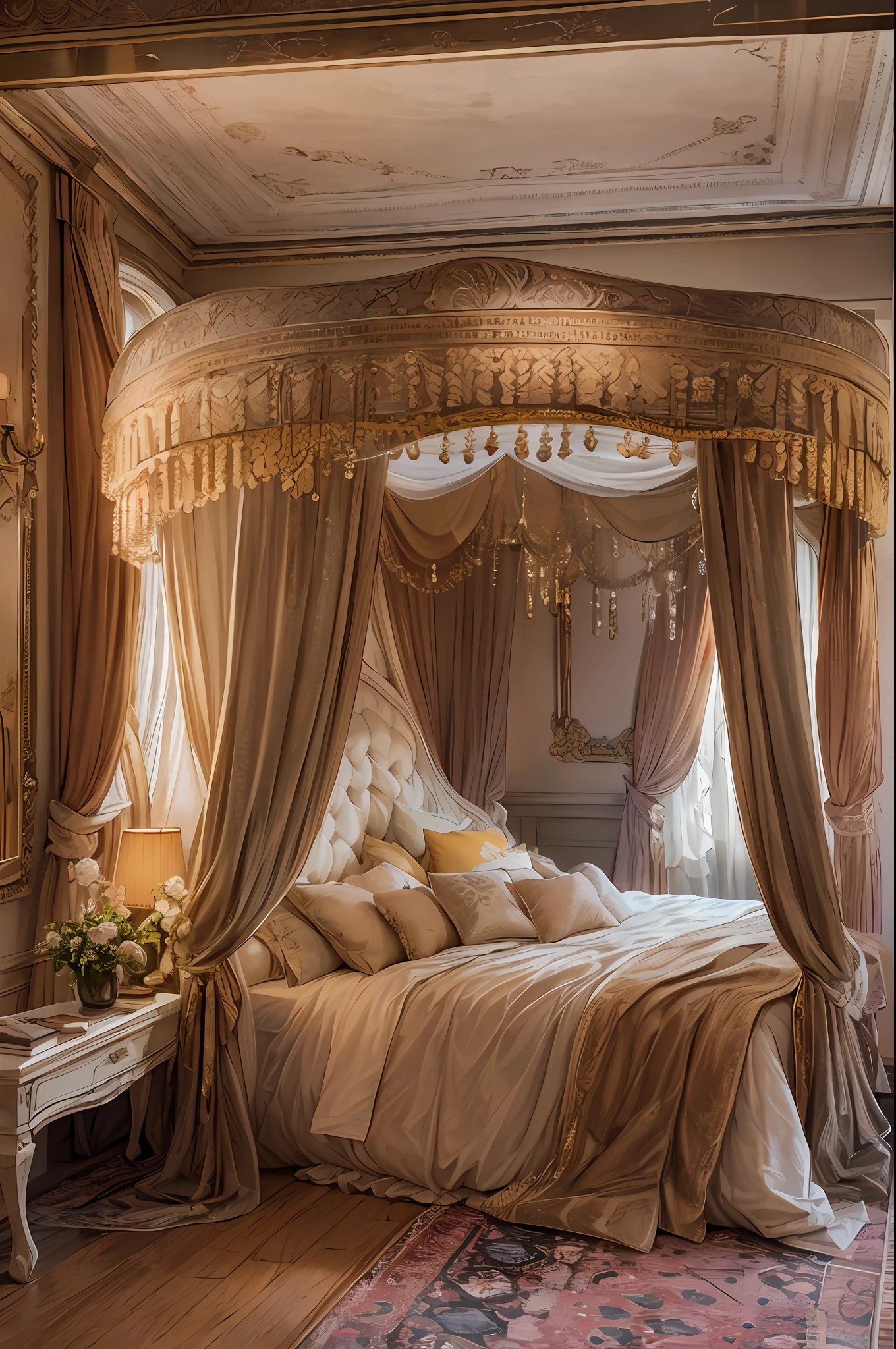 A bed with a soft full comforter on top *and two big fluffy pillows*, draped with voluptuous fabrics, intricate filigree bedposts all four support a canopy of silk tasseled ropes and shiny velvet drapery, romantic sidelighting streams in from a sunlit window giving the comfortable bedroom furniture a sense of luxurious elegance, the bare floor is accented with a furry rug in place of a carpet