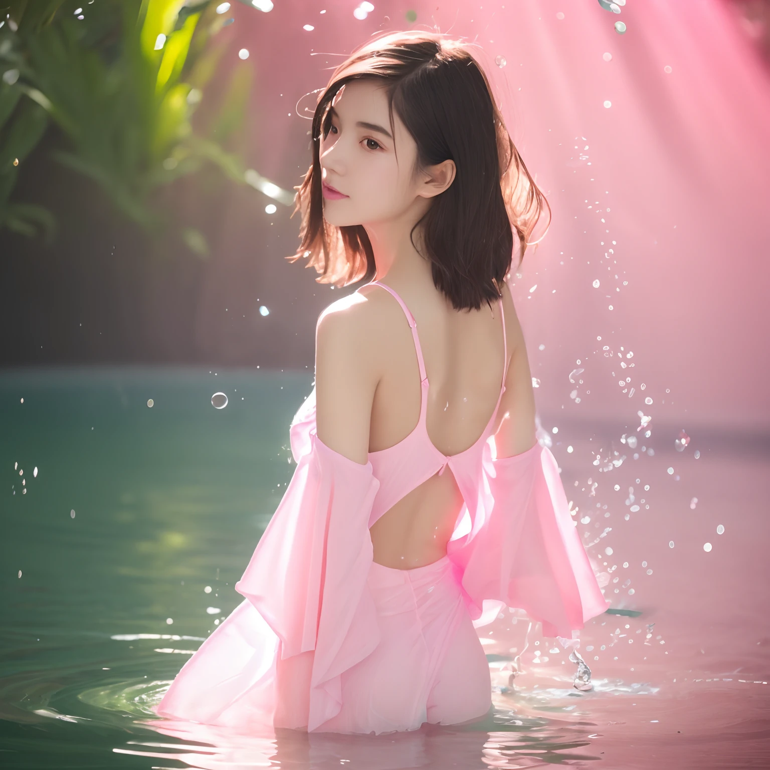 Moe girls have smooth skin,Crystal clear splashes are perfectly reflected,Purple Eye,Floating splashes,Transparent water droplets,Beautiful Glow,best qualtiy,illustratio,tmasterpiece,Best Production,best qualtiy,ighly detailed,extremely details CG,illuminating,adolable,aqua hair,Contour light,dingdall effect,Burn splash clothes,Bare shoulders,depth of fields,Exquisite facial features,Sprout,Crystal Texture Skin,Water particle effect,dream magical,Airborne luminescent particles,burning hair,Water film,Back close-up,Beautiful back,(Viscous water),turn back,full body shot shot,Turn left and look back,tilts head,Full body photo,((in pink))((Pink Water Flowing Clothes))、Beautiful legs、Beautiful feet、Beautiful white thin legs、Beautiful legs are visible、Water up to the ankles、Water depth up to the ankle